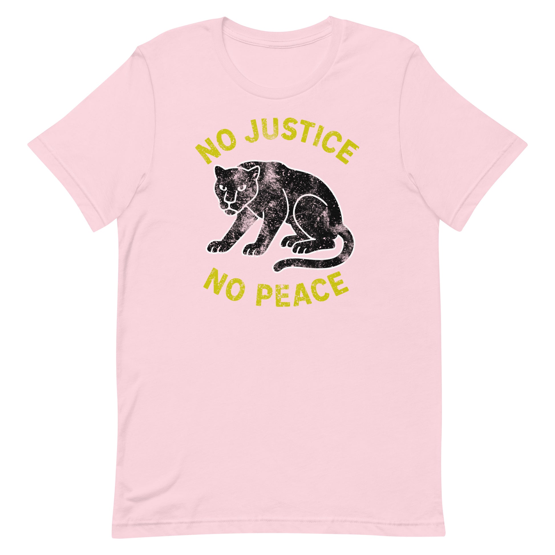 Light pink unisex t-shirt with “NO JUSTICE NO PEACE” and textured panther graphic. Progressive apparel with justice-centered messaging.