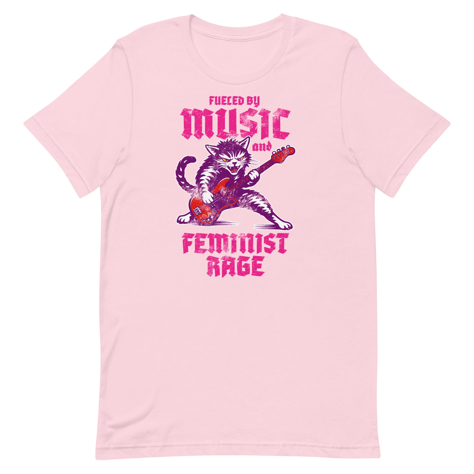 Light pink unisex t-shirt featuring the punk rock cat illustration and bold gothic text reading “FUELED BY MUSIC AND FEMINIST RAGE,” centered feminist design.