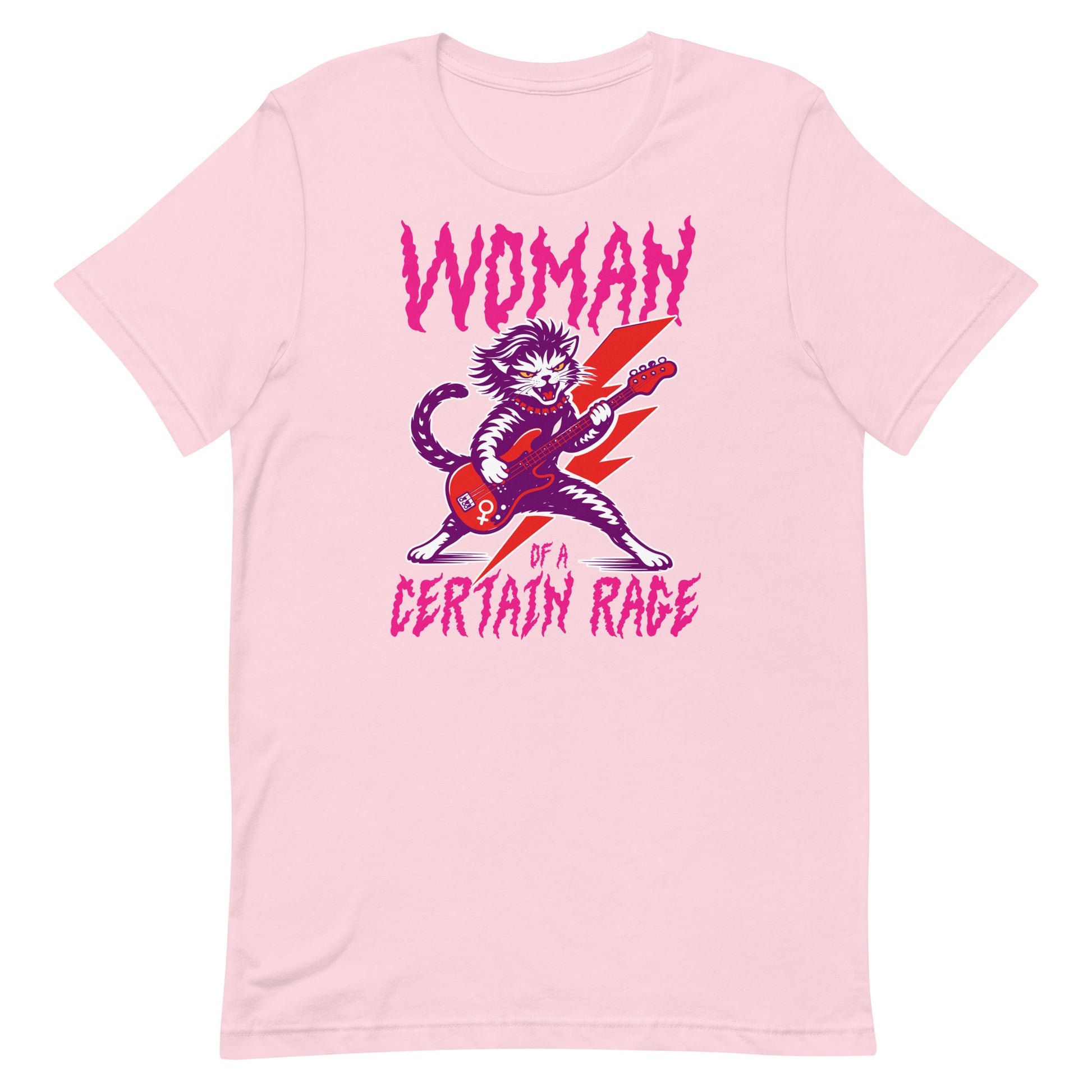 Light pink unisex t-shirt displayed flat, featuring the punk rock cat illustration with electric guitar and distressed lettering reading “WOMAN OF A CERTAIN RAGE.”