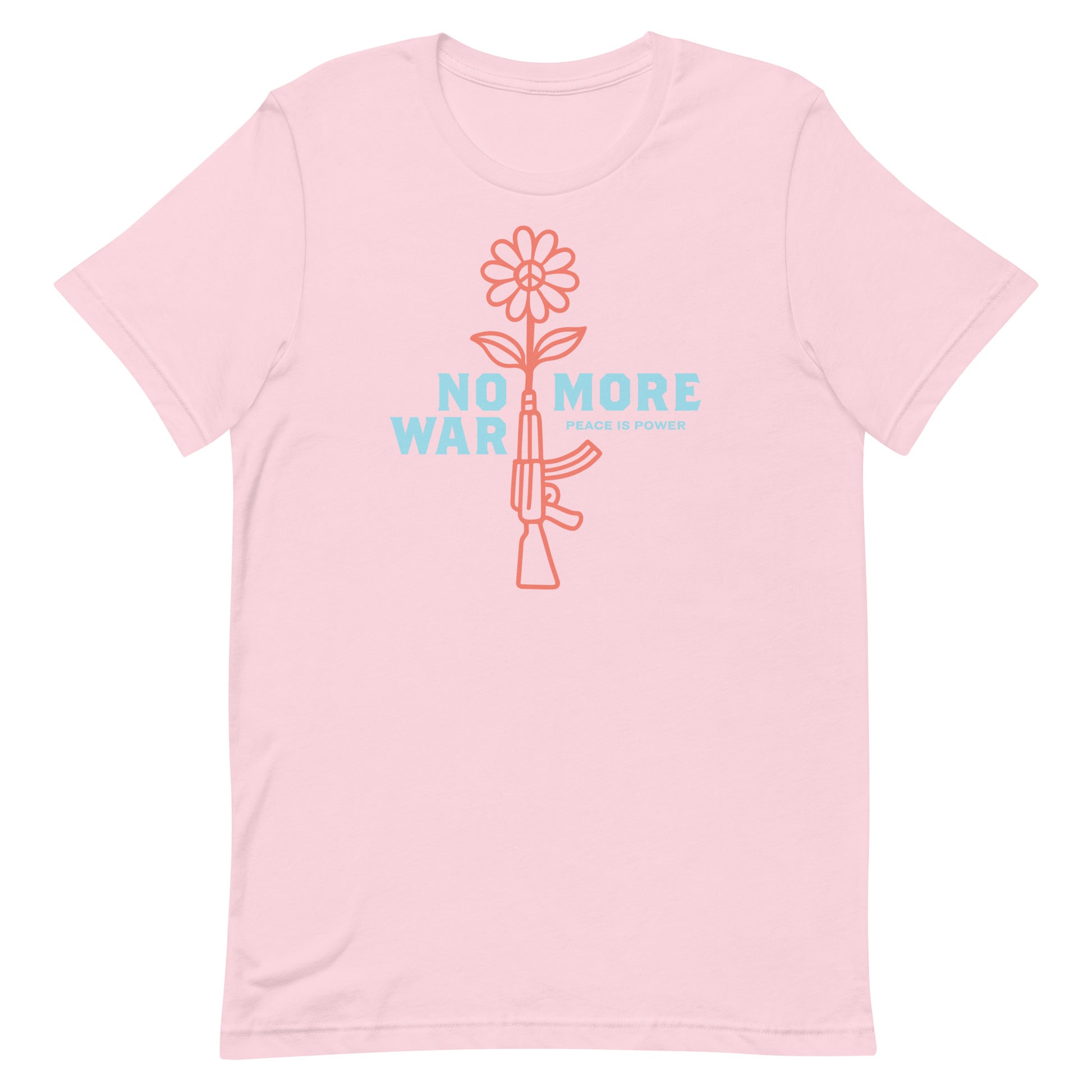 Light pink unisex t-shirt featuring delicate flower-and-rifle artwork and short “No More War” peace statement.