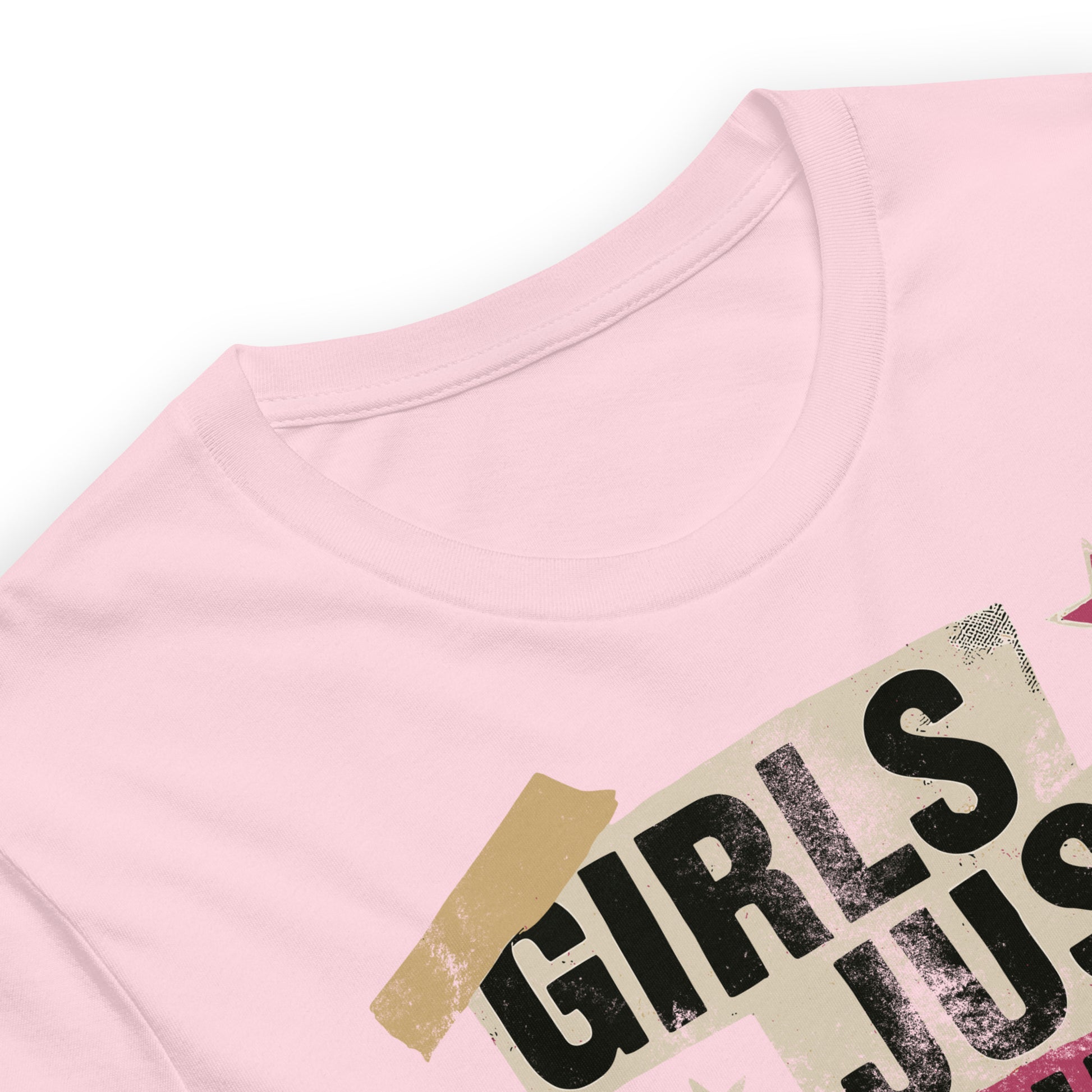 Close-up of the pink version showing the layered collage typography and rough-textured lightning bolts. Bold retro-punk feminist aesthetic by Blue Wave USA.