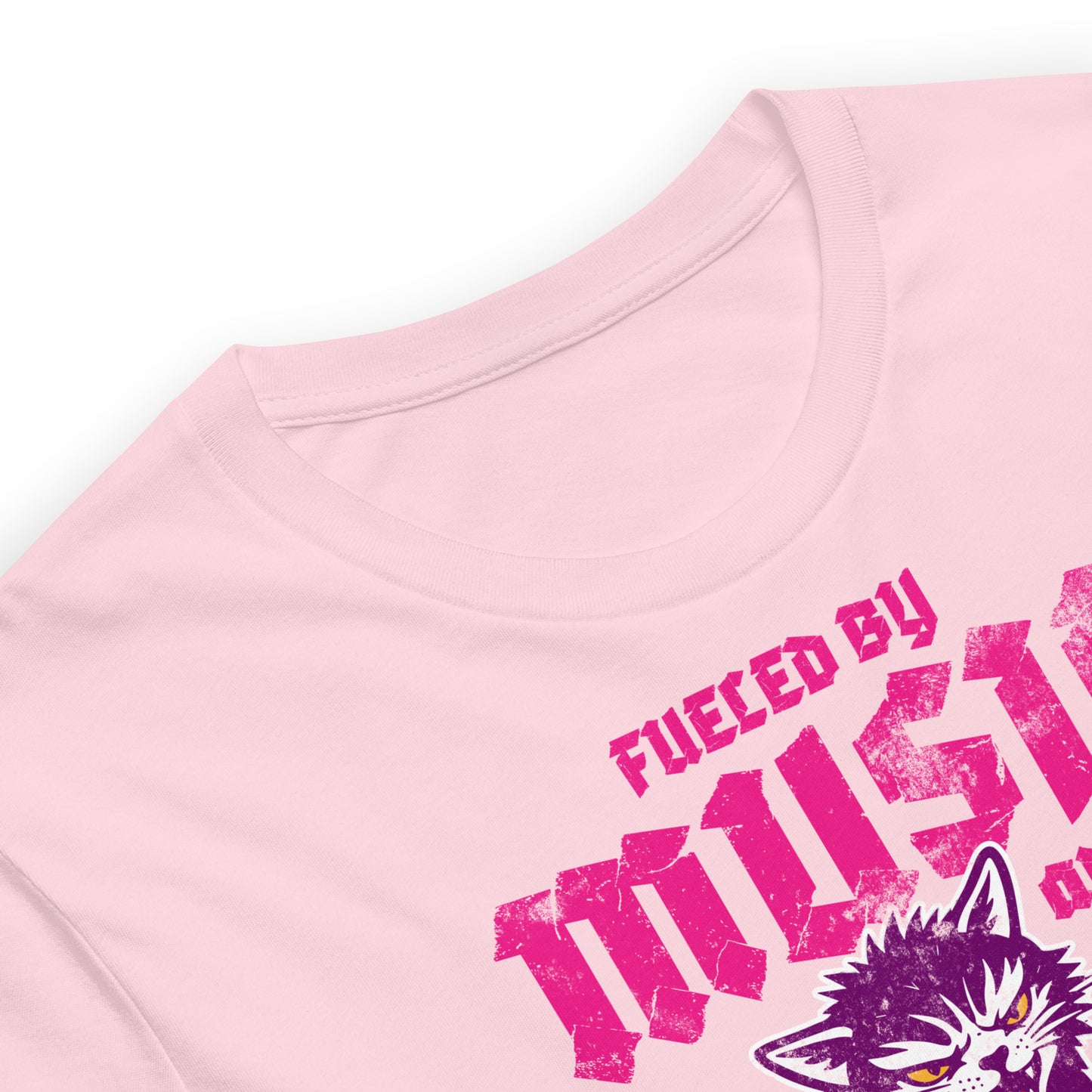 Close-up of the graphic on a light pink unisex t-shirt, showing the punk rock cat illustration and bold gothic text reading “FUELED BY MUSIC AND FEMINIST RAGE.”