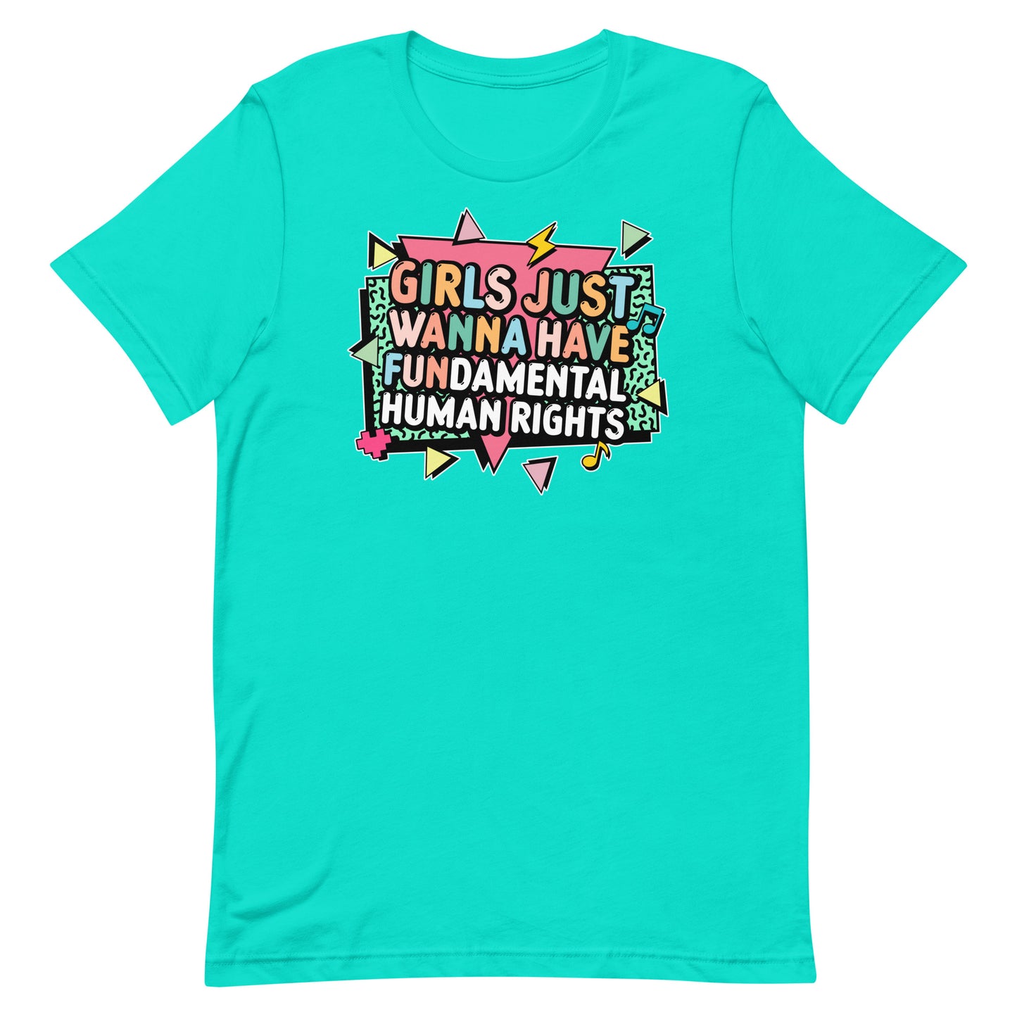Teal feminist activist t-shirt with lightning bolt graphics and retro type reading “Girls Just Wanna Have Fundamental Human Rights.” Statement-making design by Blue Wave USA.