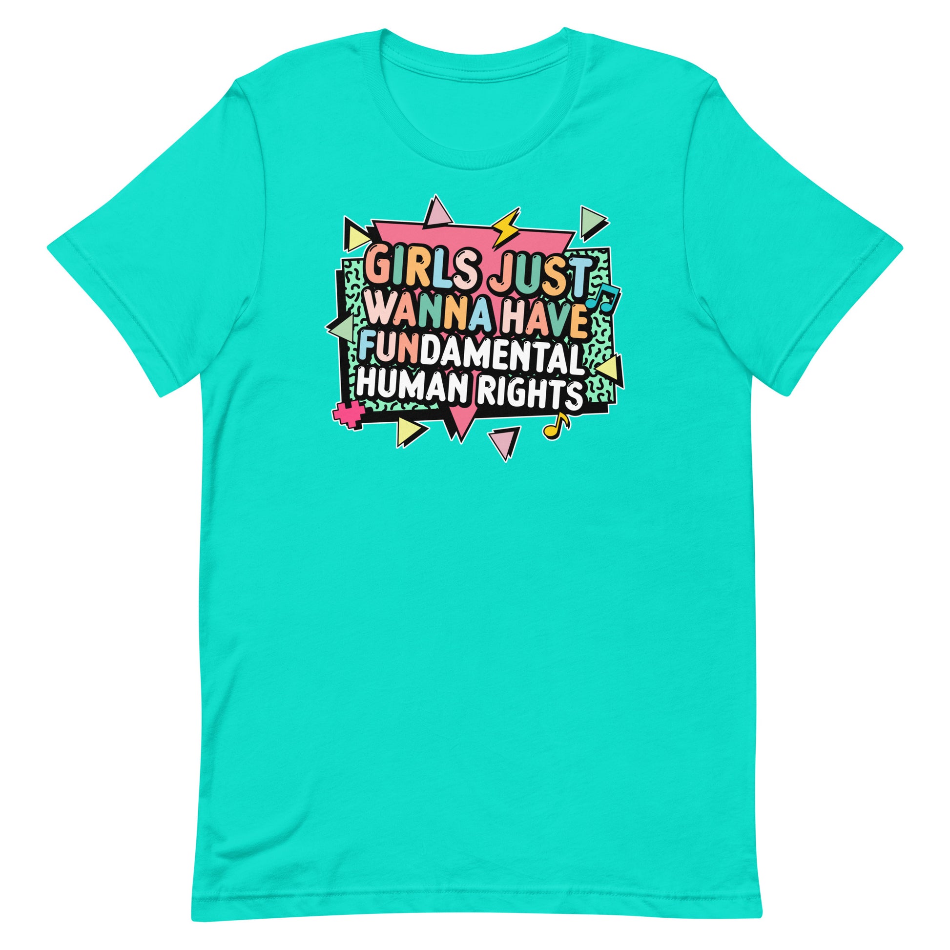 Teal feminist activist t-shirt with lightning bolt graphics and retro type reading “Girls Just Wanna Have Fundamental Human Rights.” Statement-making design by Blue Wave USA.