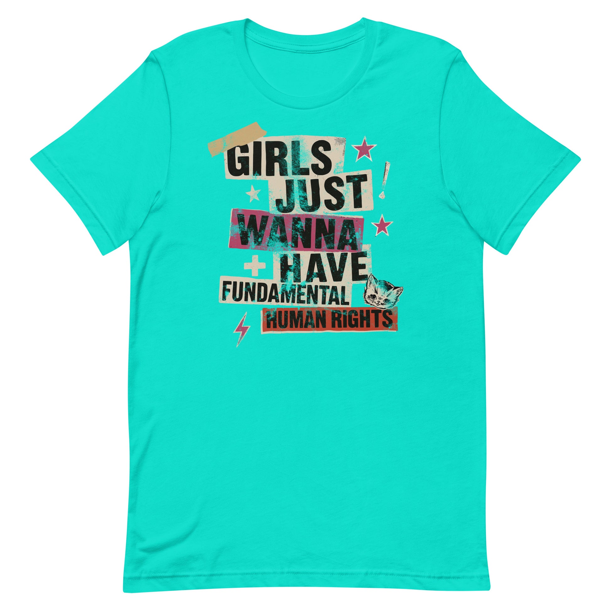 Teal unisex t-shirt with hand-cut punk collage lettering and lightning bolts. Feminist fashion that mixes rebellion and hope.