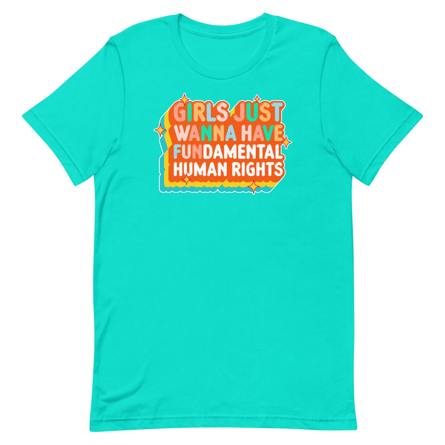 Teal unisex t-shirt with wavy layered orange and white feminist slogan. Retro design meets modern activism by Blue Wave USA.