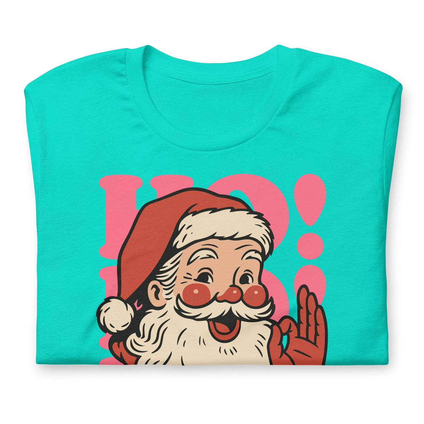 Flat lay of a teal shirt with the smiling Santa graphic and “Joy and Equality for All” phrase—progressive holiday apparel by Blue Wave USA.