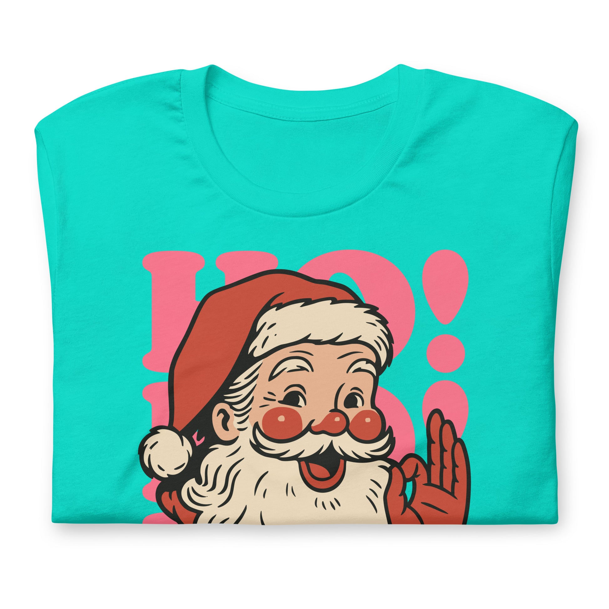 Flat lay of a teal shirt with the smiling Santa graphic and “Joy and Equality for All” phrase—progressive holiday apparel by Blue Wave USA.