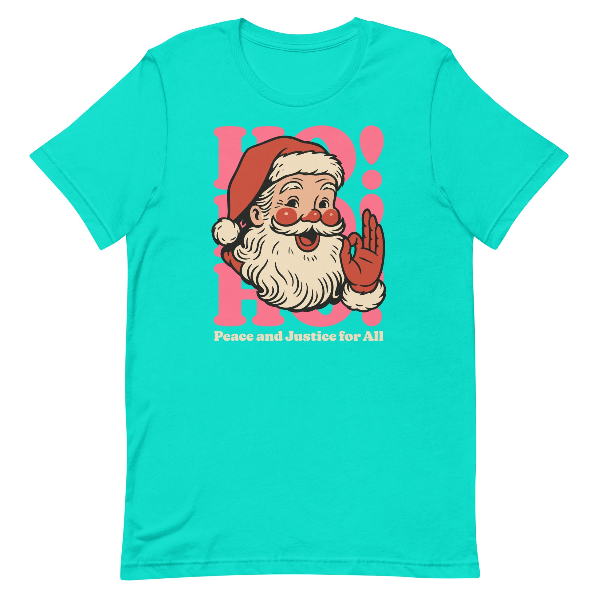 Teal “Peace and Justice for All” Santa tee from Blue Wave USA laid flat on a light background to show the full design.
