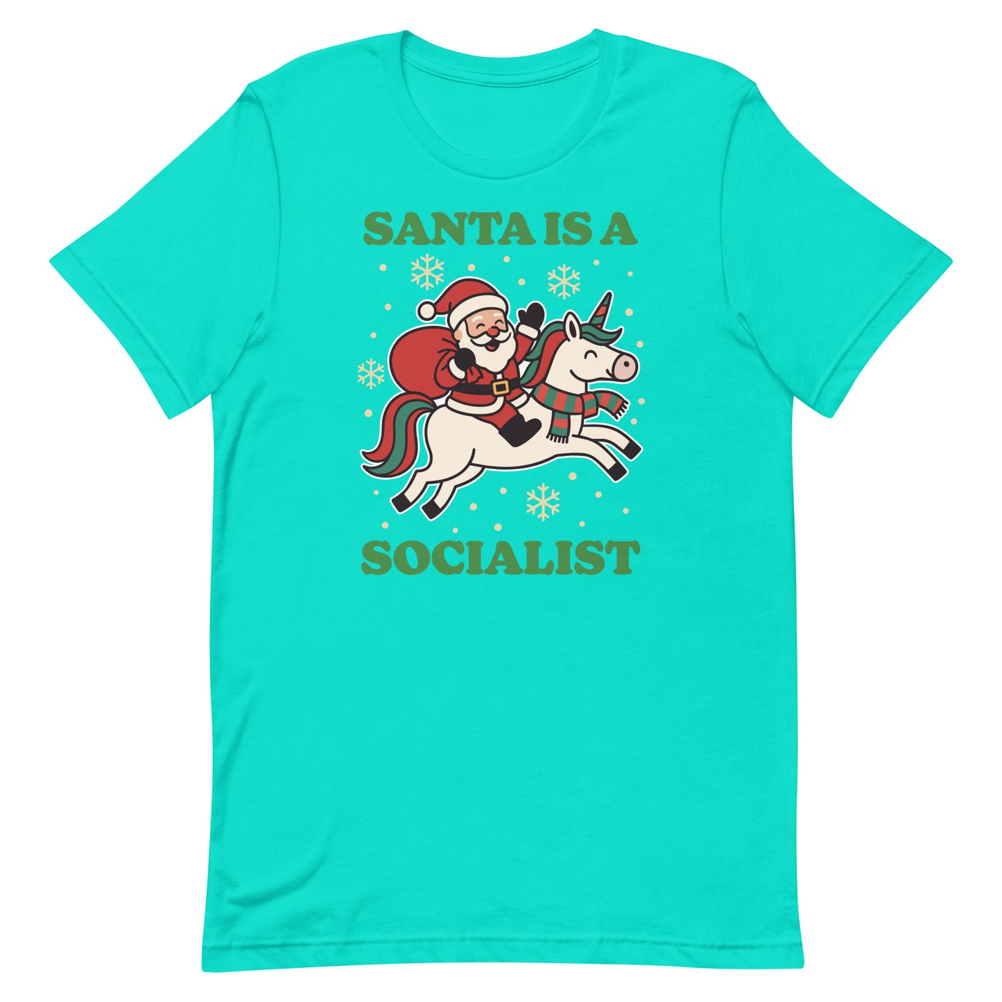 Teal t-shirt with a retro Santa riding a unicorn surrounded by stars and the printed phrase “SANTA IS A SOCIALIST” in green lettering.