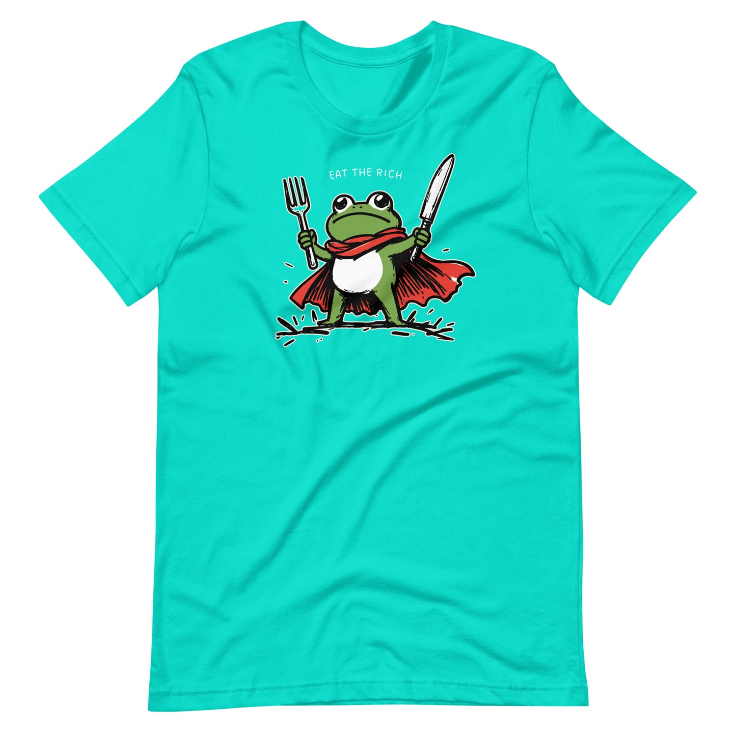 Teal t-shirt featuring a whimsical frog superhero holding a fork and knife with anti-corporate “Eat the Rich” messaging.