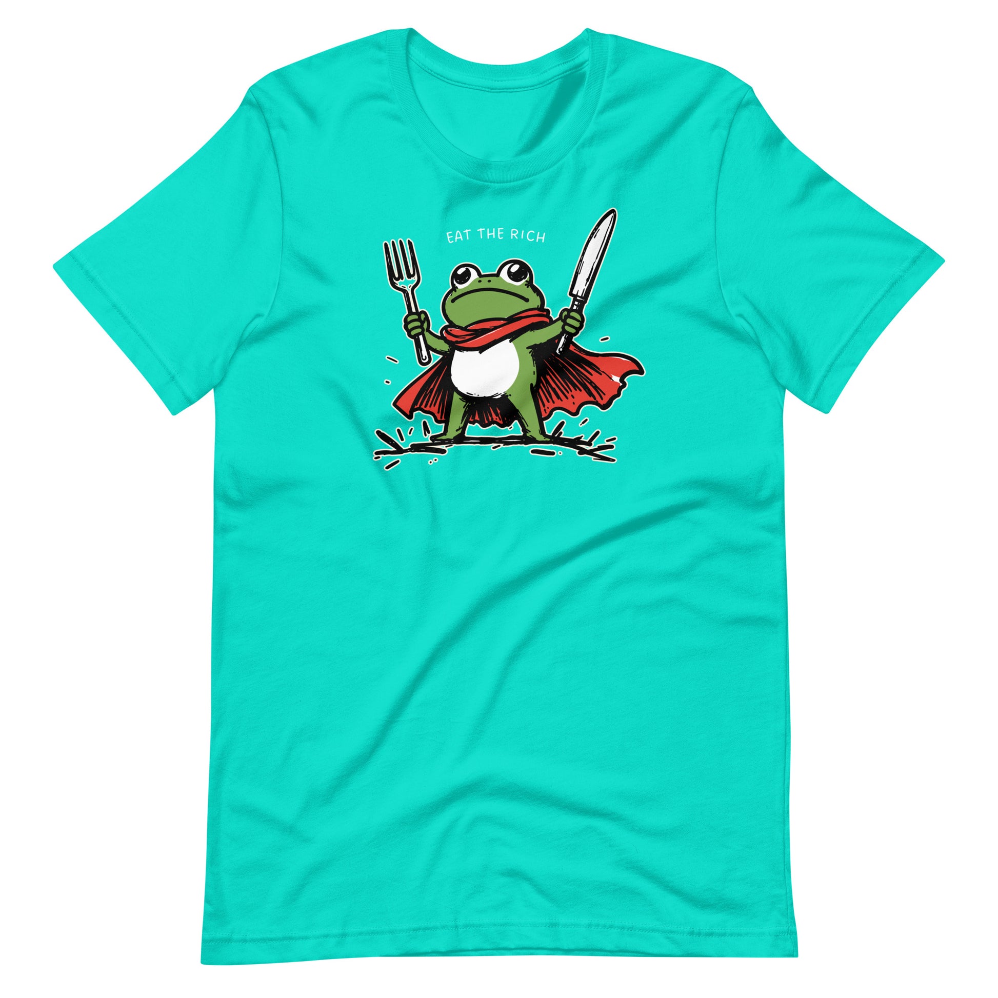 Teal t-shirt featuring a whimsical frog superhero holding a fork and knife with anti-corporate “Eat the Rich” messaging.