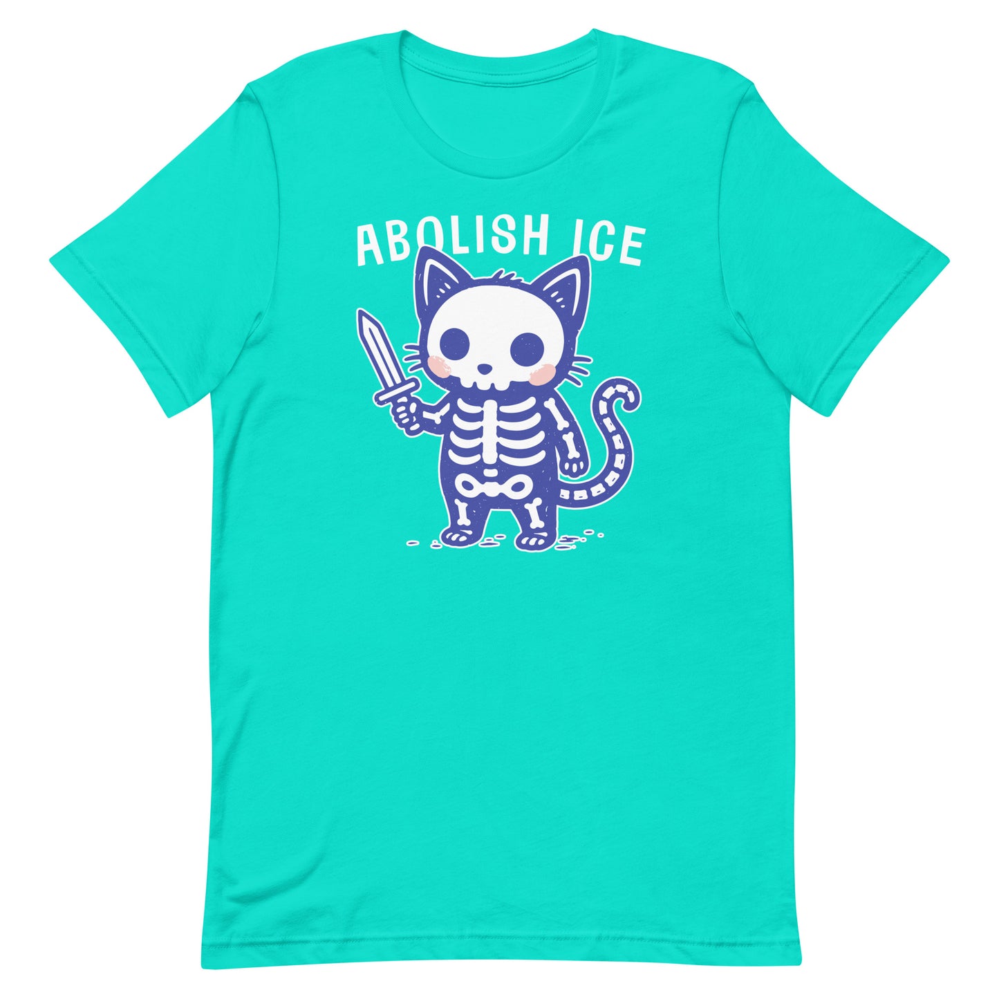 Teal unisex t-shirt printed with the Abolish ICE skeleton cat graphic, combining humorous character art with a meaningful political message.