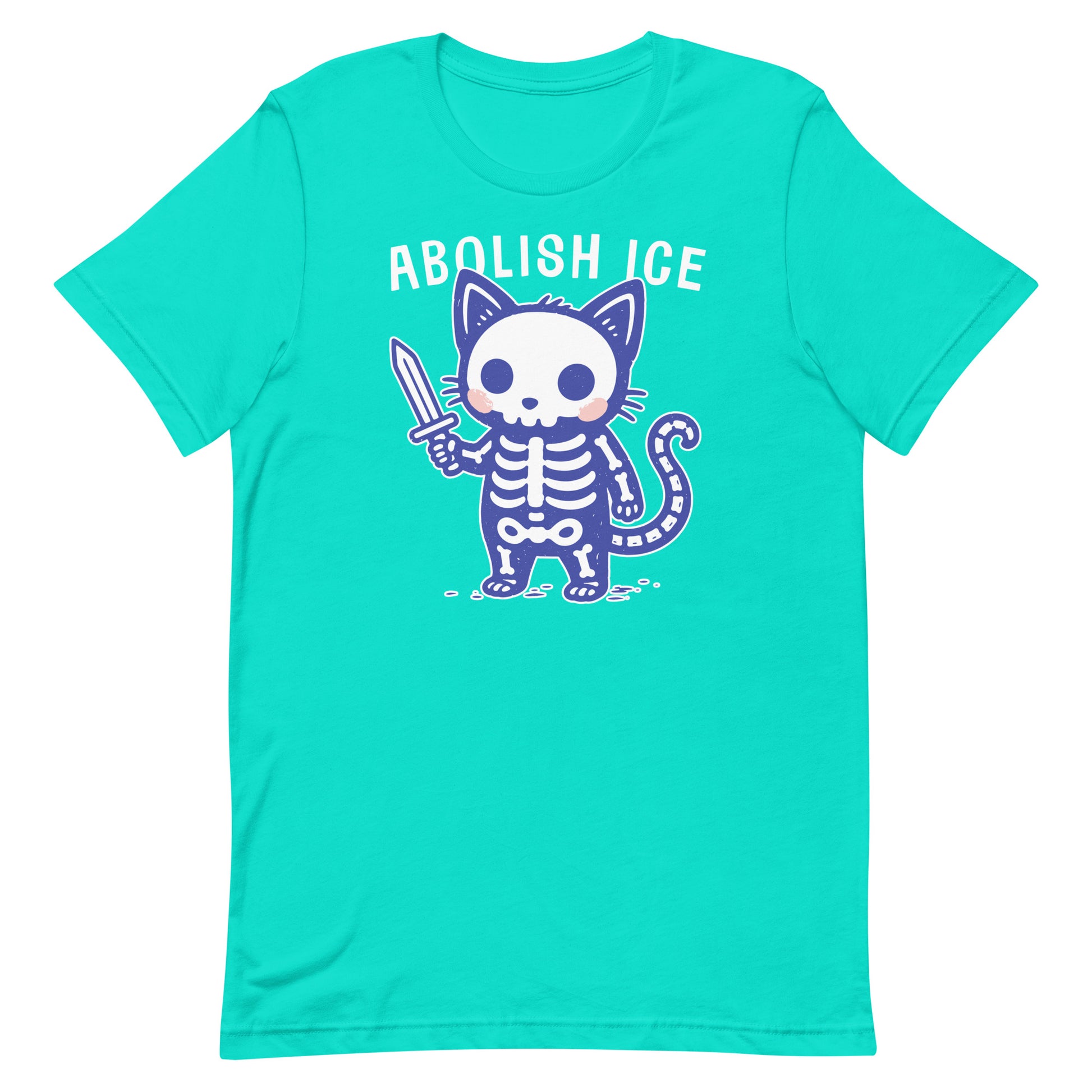 Teal unisex t-shirt printed with the Abolish ICE skeleton cat graphic, combining humorous character art with a meaningful political message.