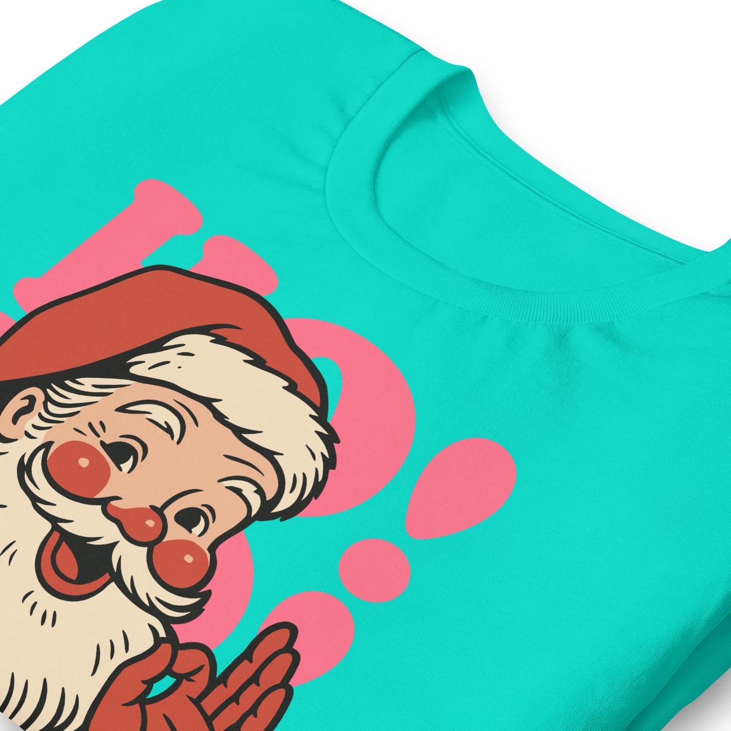 Close-up of the teal “Peace and Justice for All” Santa t-shirt from Blue Wave USA, showing bold colors and vintage-style artwork.