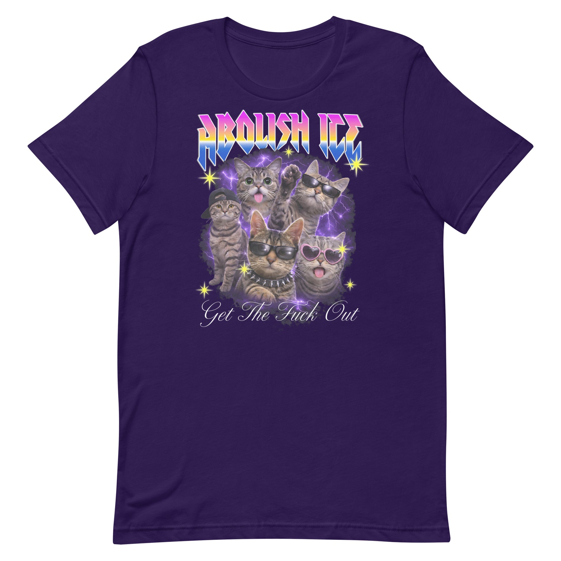 Purple unisex t-shirt featuring bootleg-style cat illustration with lightning and star details, rainbow gradient text reading “ABOLISH ICE” and cursive phrase “Get The Fuck Out.”