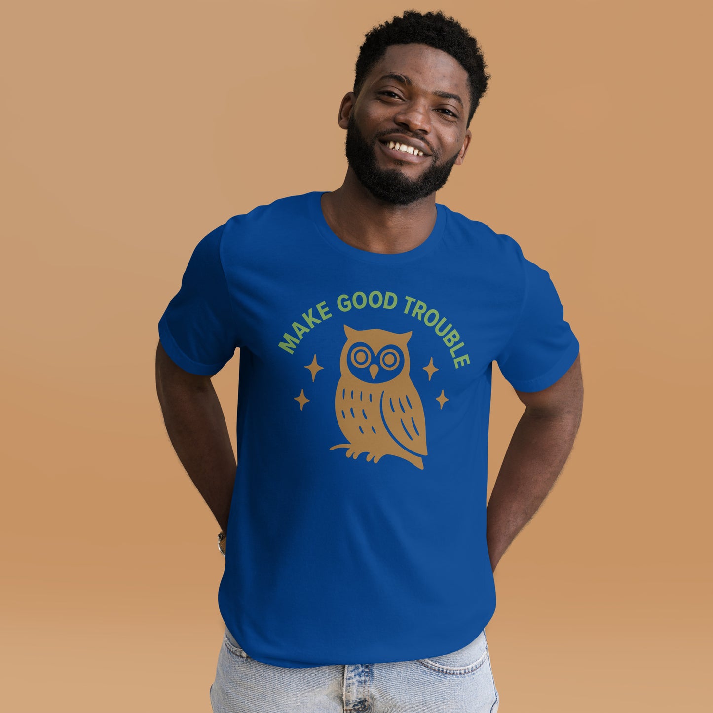 Lifestyle Image: Black male activist wearing the Make Good Trouble owl protest shirt.