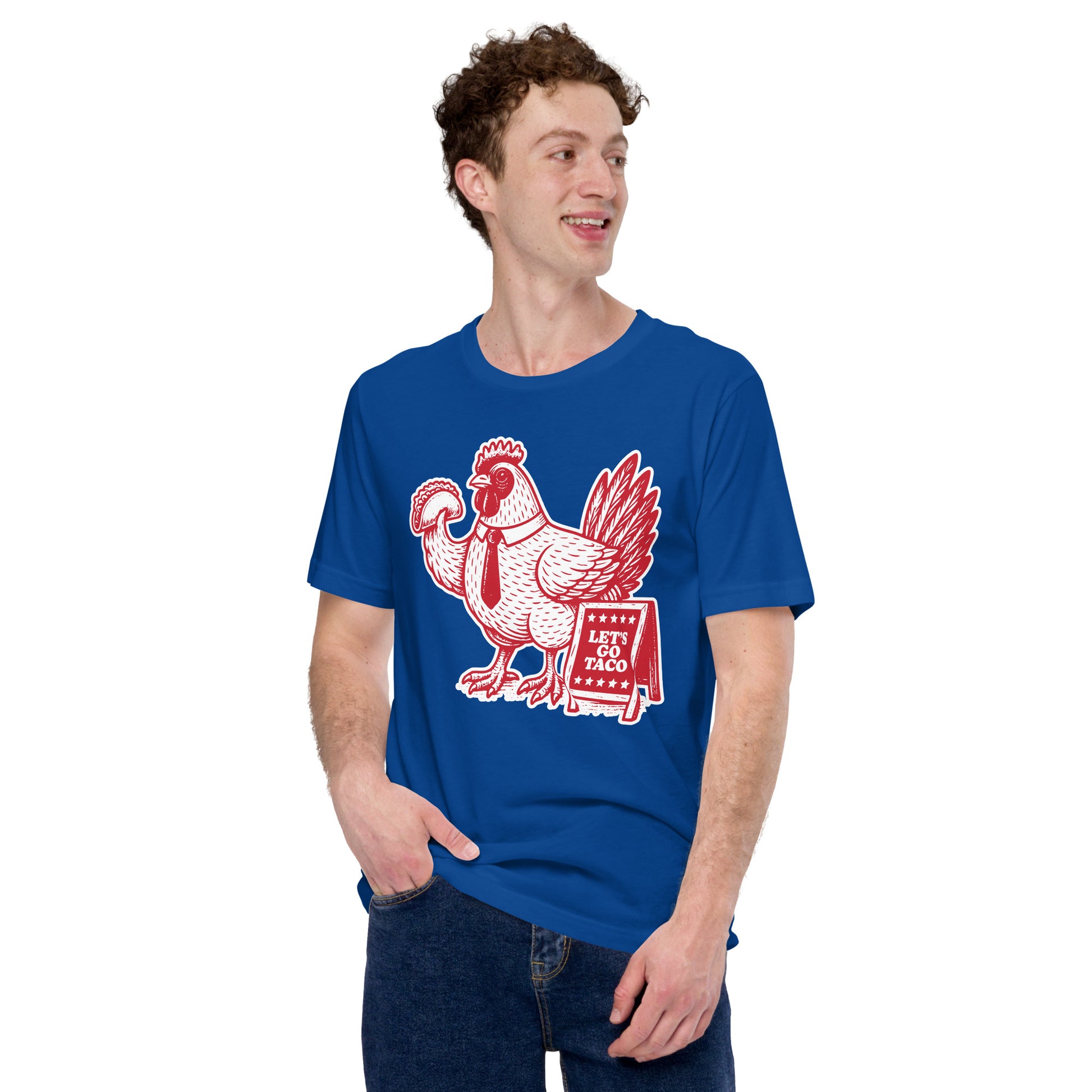 Lifestyle Image: Man wearing the Let’s Go T.A.C.O. Shirt– Bold Political Statement