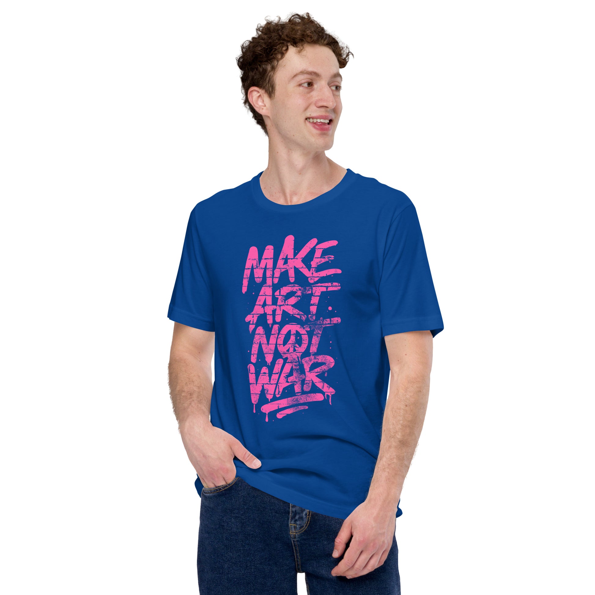 Male protester wearing the Make Art Not War graffiti protest t-shirt with bold pink spray-paint lettering