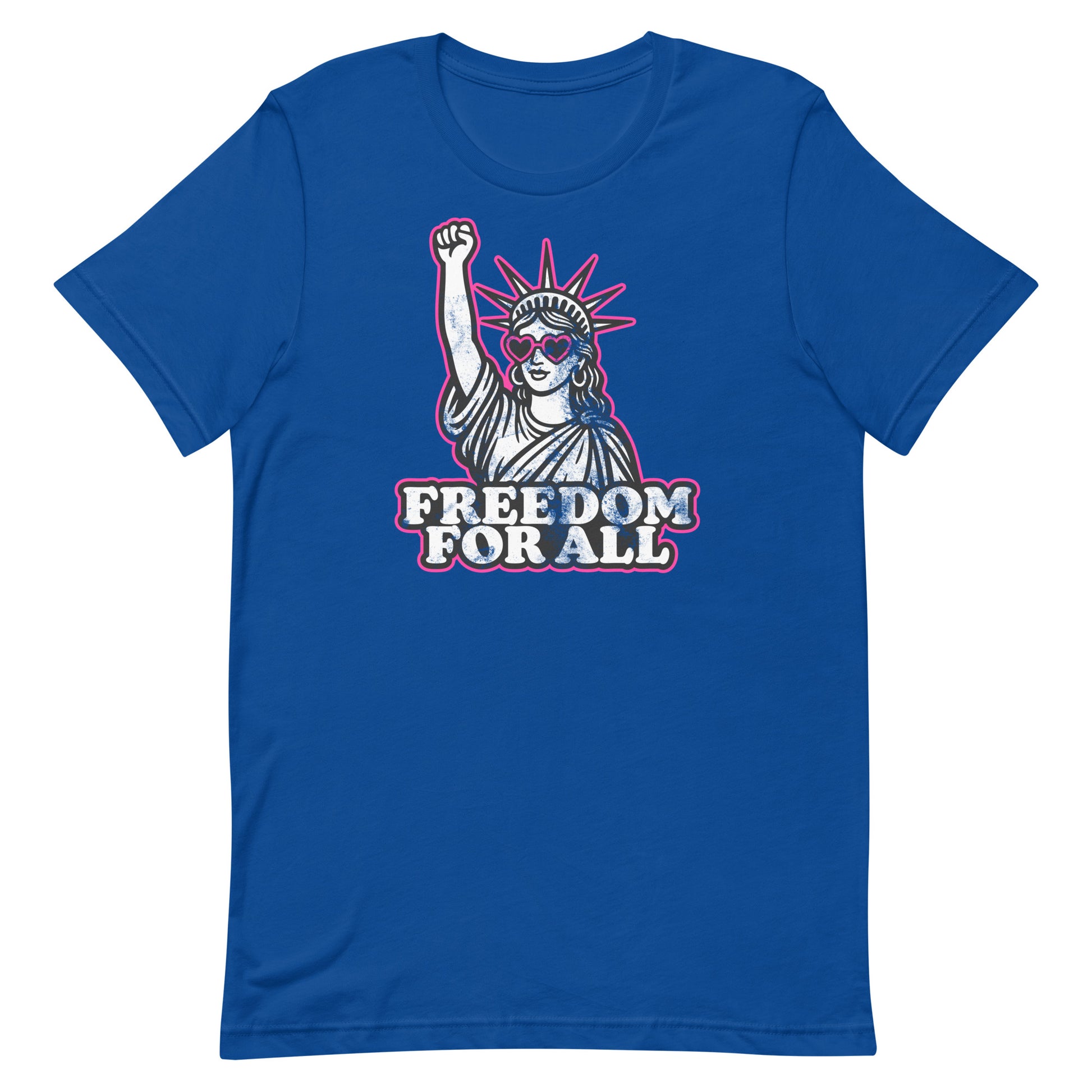 Front View Image: Front view of Freedom For All t-shirt with pink heart sunglasses and raised fist Statue of Liberty