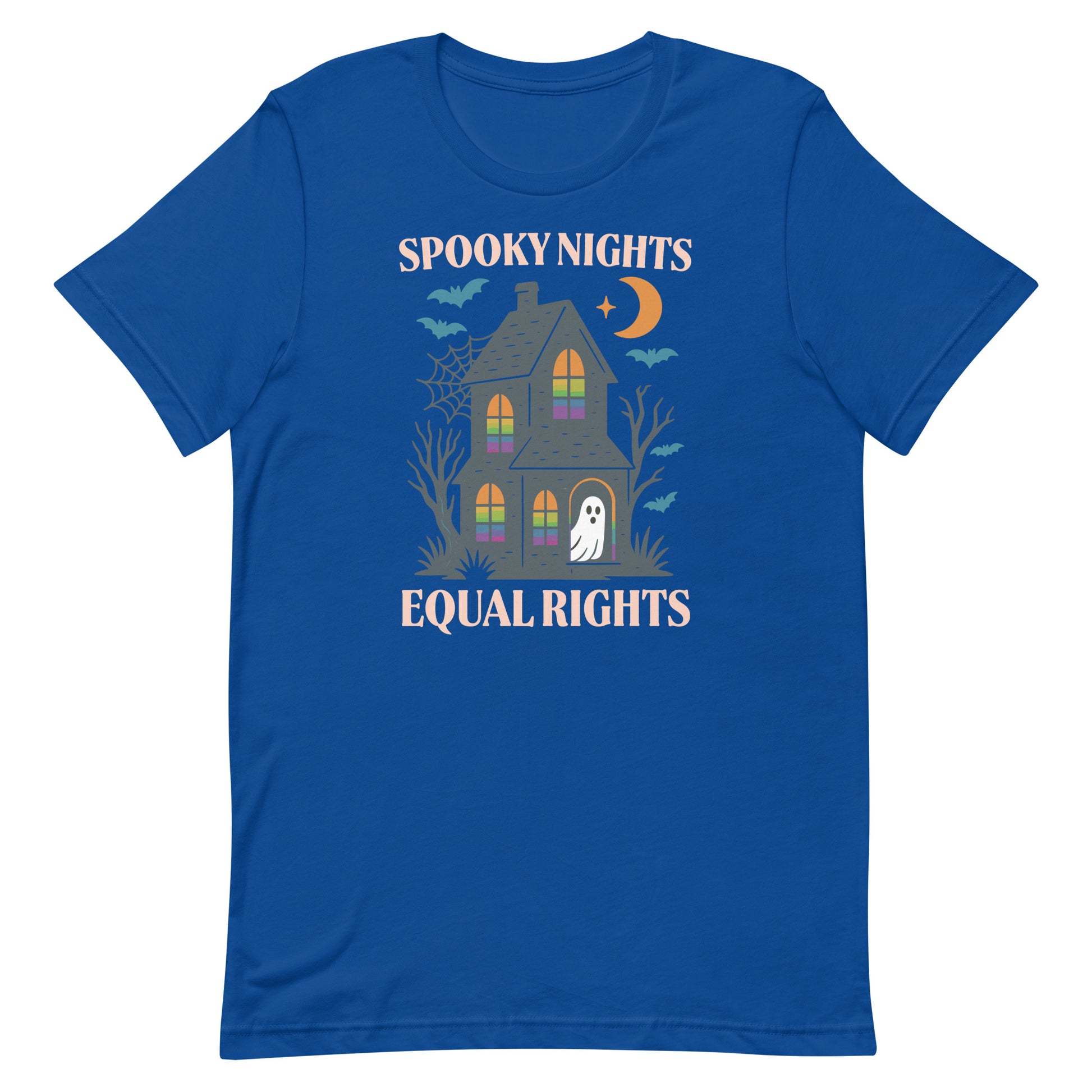 Royal blue “Spooky Nights Equal Rights” Halloween LGBTQ+ pride t-shirt, sustainable apparel from Blue Wave USA.