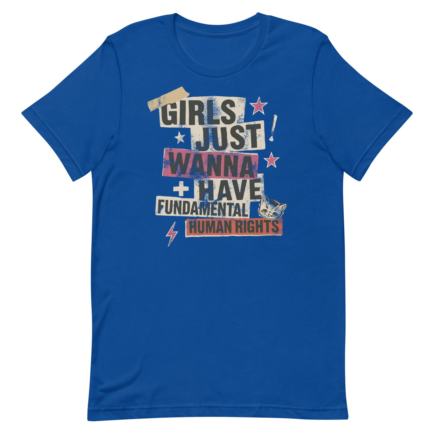 Royal blue shirt with collage-style feminist slogan and lightning bolt graphics. Retro punk energy meets activist message by Blue Wave USA.