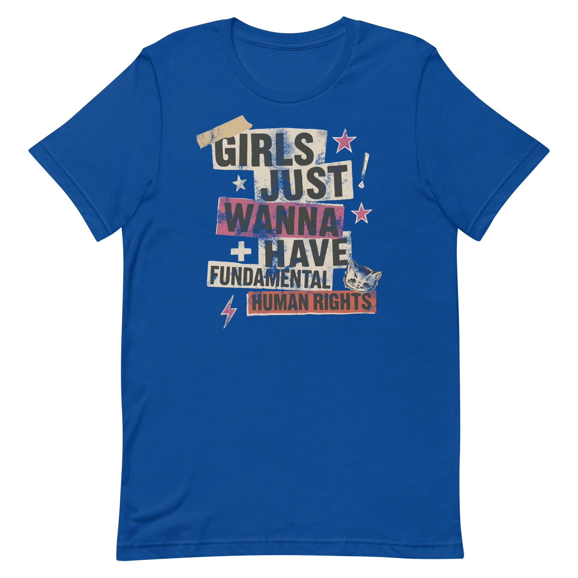 Royal blue shirt with collage-style feminist slogan and lightning bolt graphics. Retro punk energy meets activist message by Blue Wave USA.
