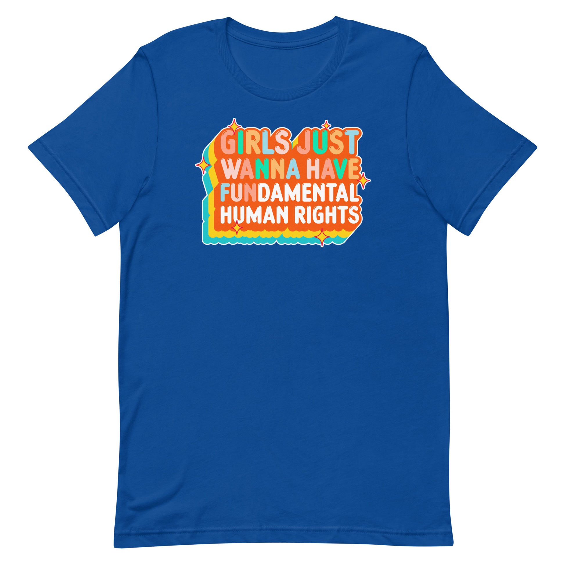 Royal blue unisex t-shirt featuring retro sunset-style text and clean activist slogan. Bright, hopeful feminist design by Blue Wave USA.