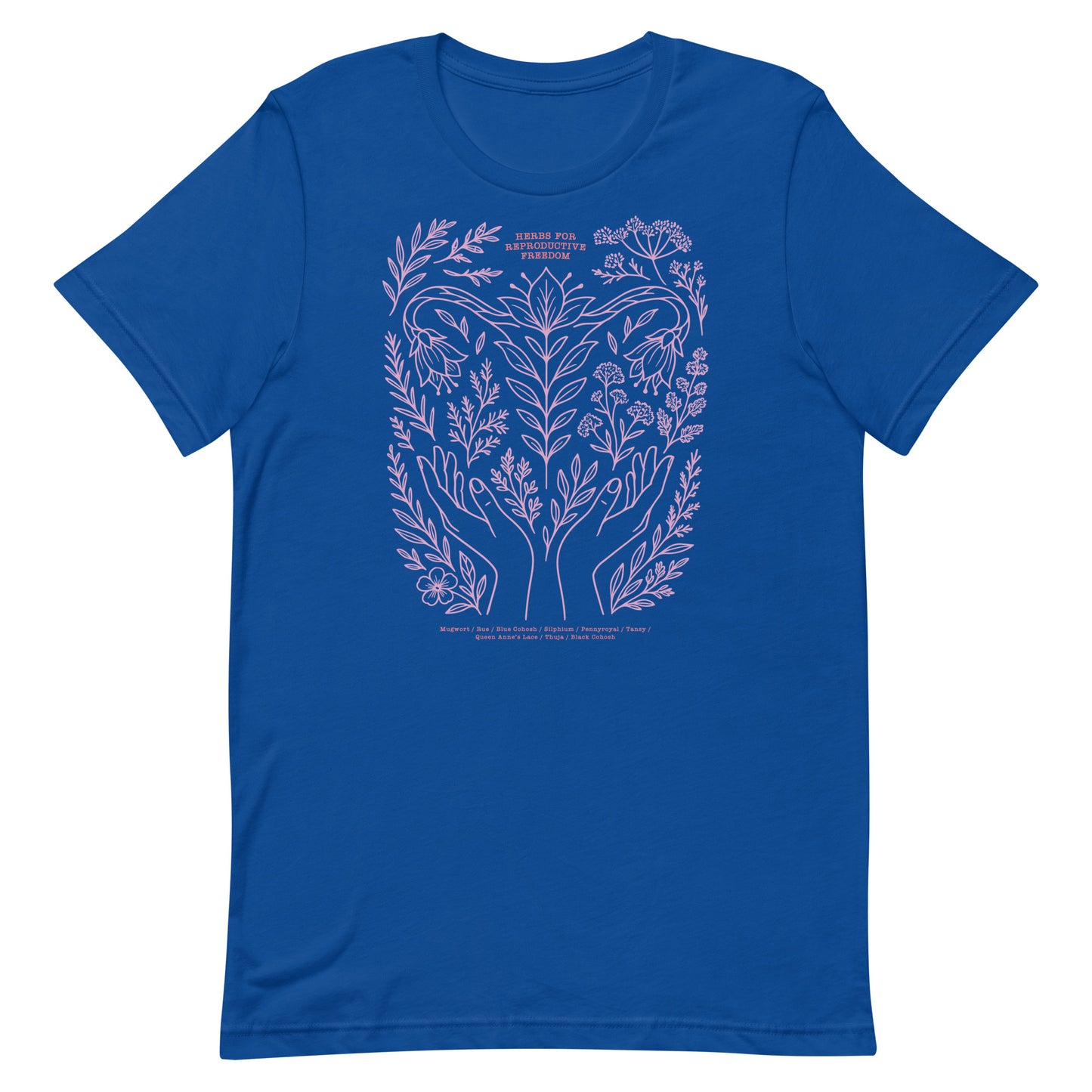 Royal blue “Herbs for Reproductive Freedom” unisex t-shirt showcasing detailed lavender floral illustration and moon motif. Designed by Blue Wave USA.