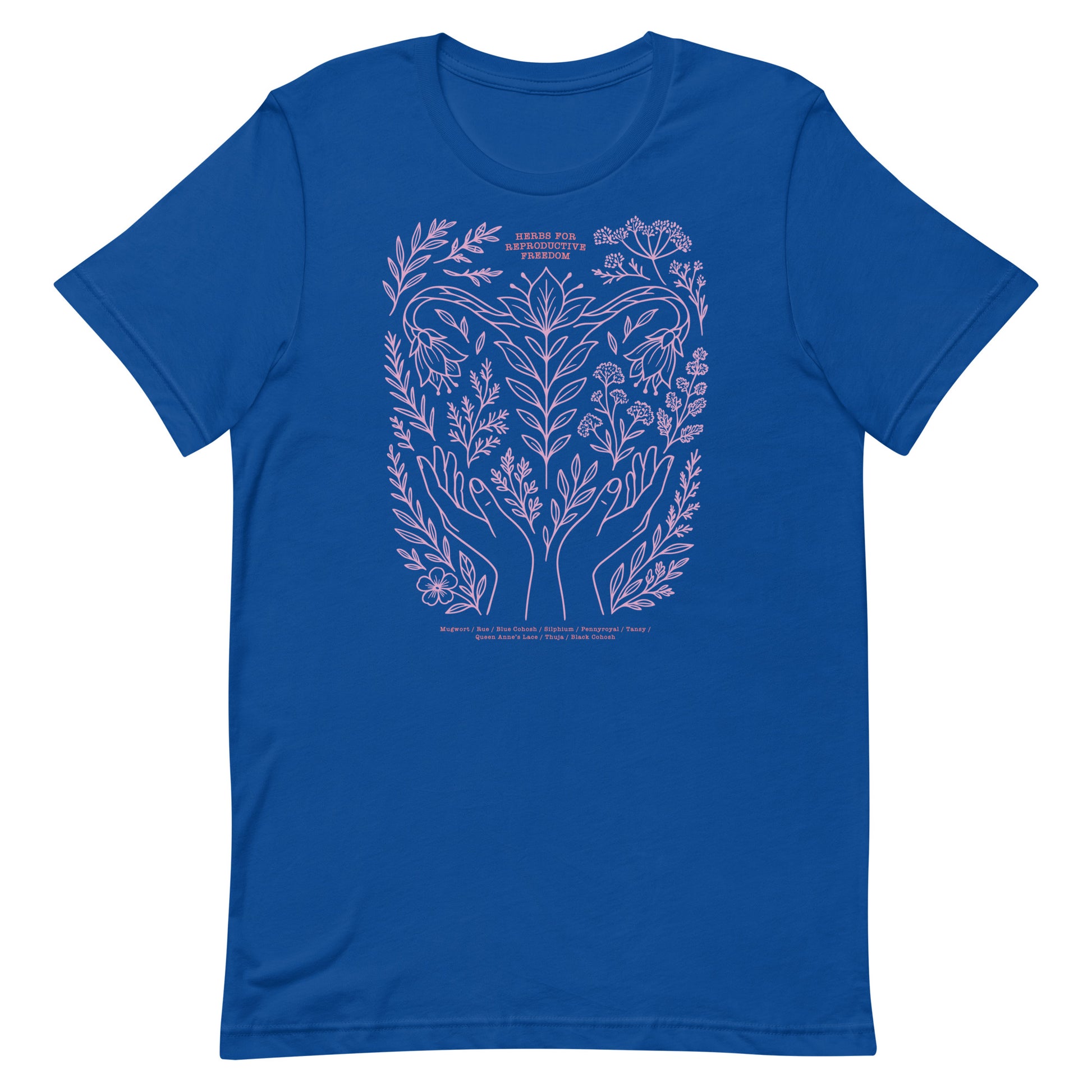 Royal blue “Herbs for Reproductive Freedom” unisex t-shirt showcasing detailed lavender floral illustration and moon motif. Designed by Blue Wave USA.