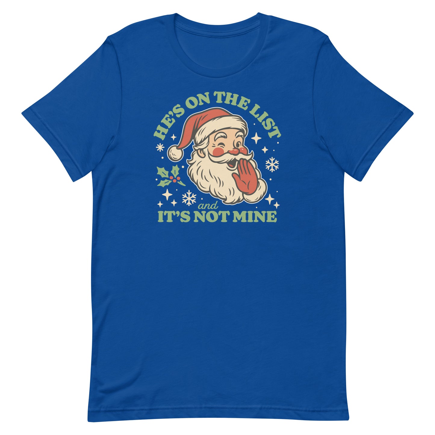 Royal blue t-shirt featuring the retro Santa illustration and bold holiday-themed lettering.