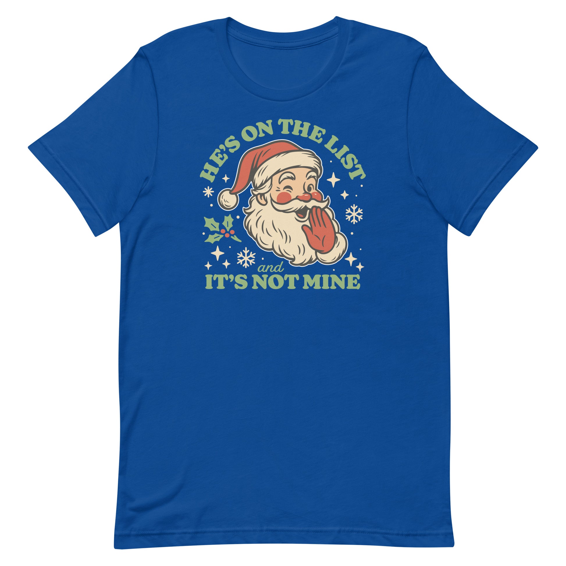 Royal blue t-shirt featuring the retro Santa illustration and bold holiday-themed lettering.