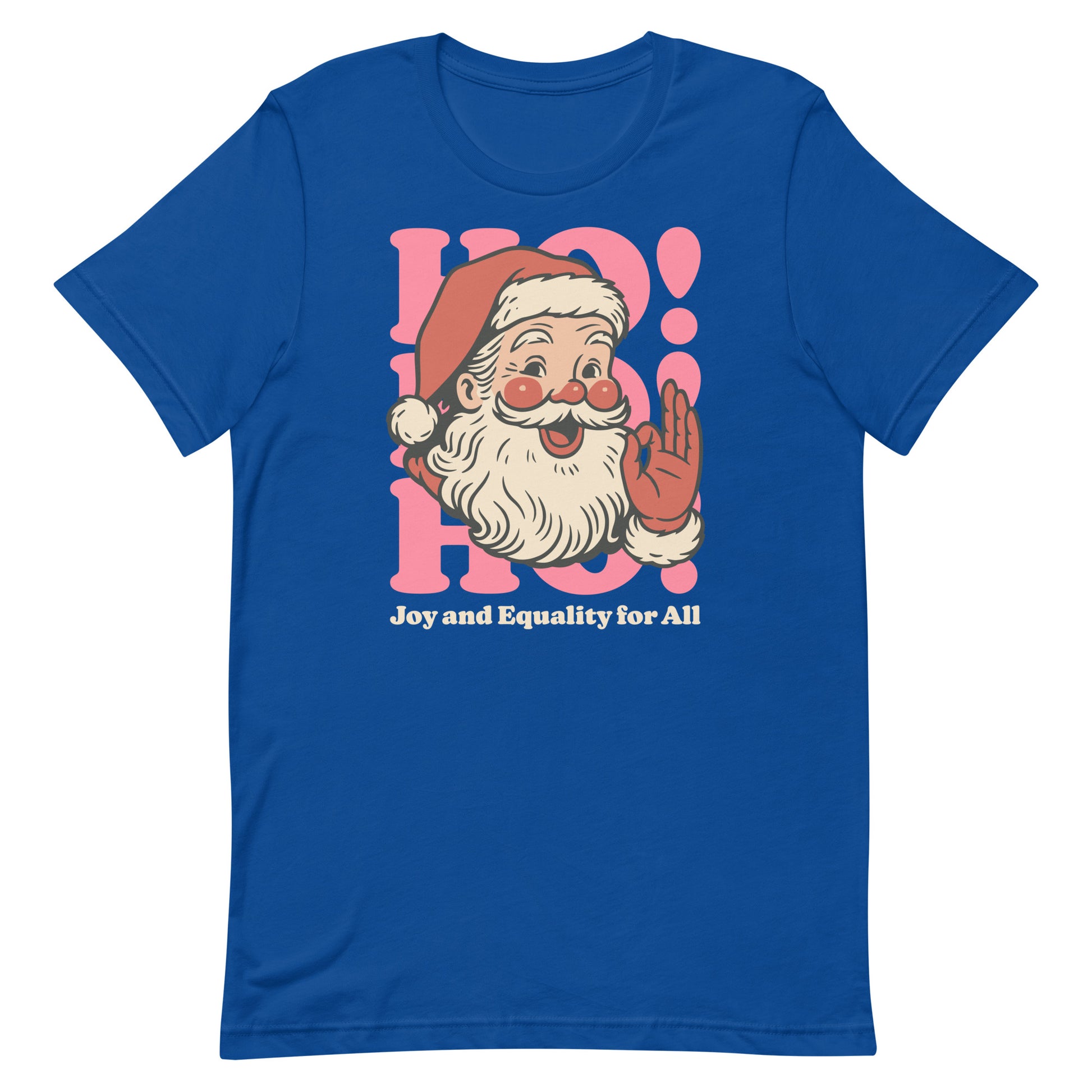Royal blue version of the design with contrasting pink Santa graphic and equality message, part of Blue Wave USA’s holiday activism apparel.