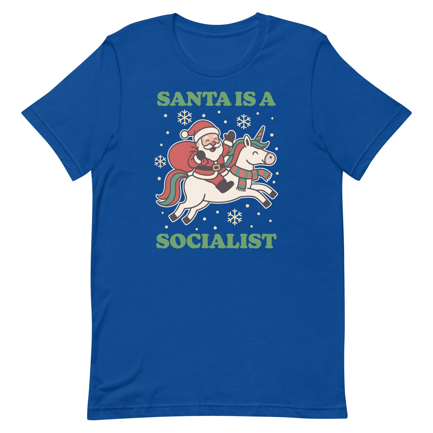 Royal blue t-shirt featuring a retro Santa riding a unicorn with decorative stars and the printed message “SANTA IS A SOCIALIST.”