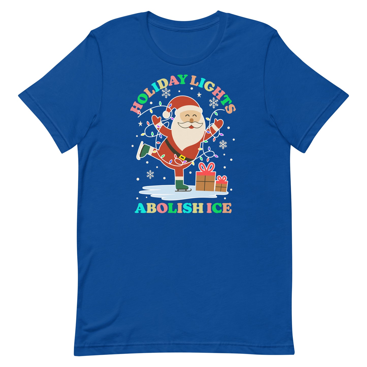 A royal-blue crewneck t-shirt with Santa, glowing holiday lights, gifts, and star accents framing the message “HOLIDAY LIGHTS ABOLISH ICE,” offered by Blue Wave USA.