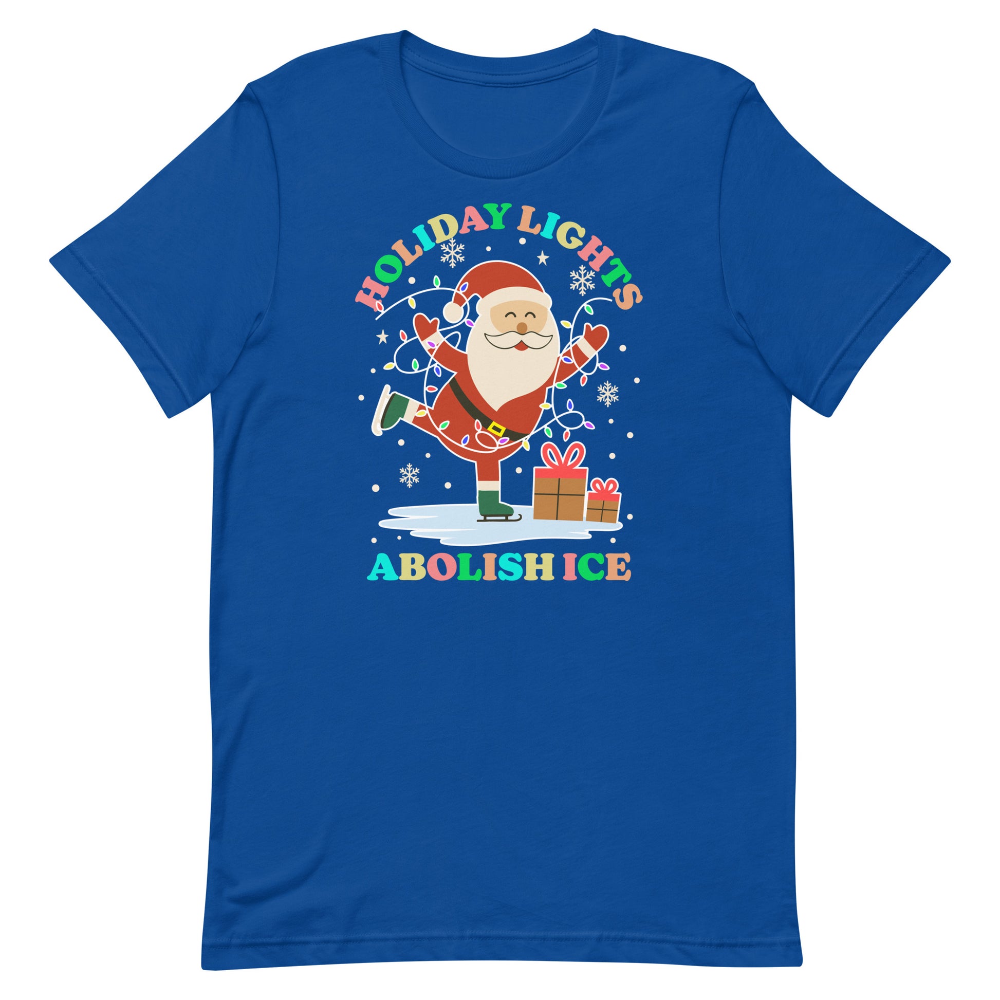 A royal-blue crewneck t-shirt with Santa, glowing holiday lights, gifts, and star accents framing the message “HOLIDAY LIGHTS ABOLISH ICE,” offered by Blue Wave USA.