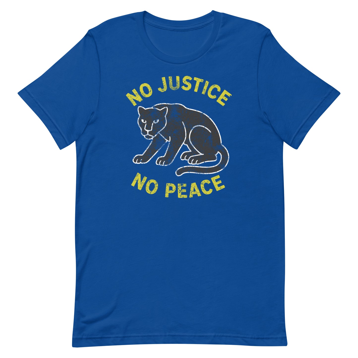 Royal blue unisex t-shirt featuring “NO JUSTICE NO PEACE” with chalk-style panther artwork. Activist tee emphasizing justice and empowerment.