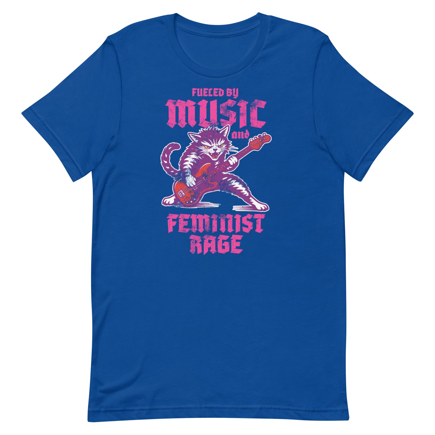 Royal blue unisex t-shirt displayed flat, showcasing the punk rock cat illustration with guitar and the phrase “FUELED BY MUSIC AND FEMINIST RAGE,” clean front view from Blue Wave USA.