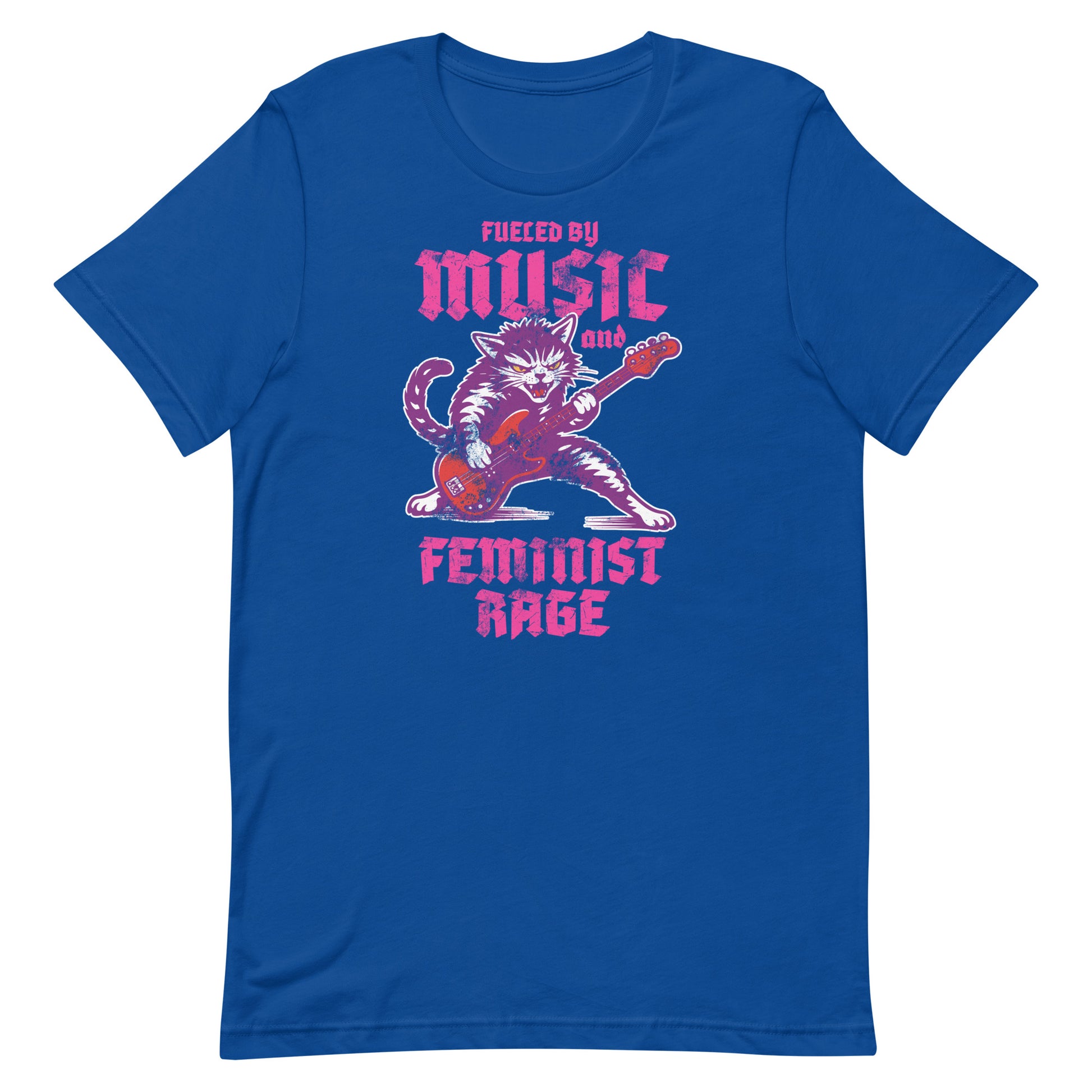 Royal blue unisex t-shirt displayed flat, showcasing the punk rock cat illustration with guitar and the phrase “FUELED BY MUSIC AND FEMINIST RAGE,” clean front view from Blue Wave USA.