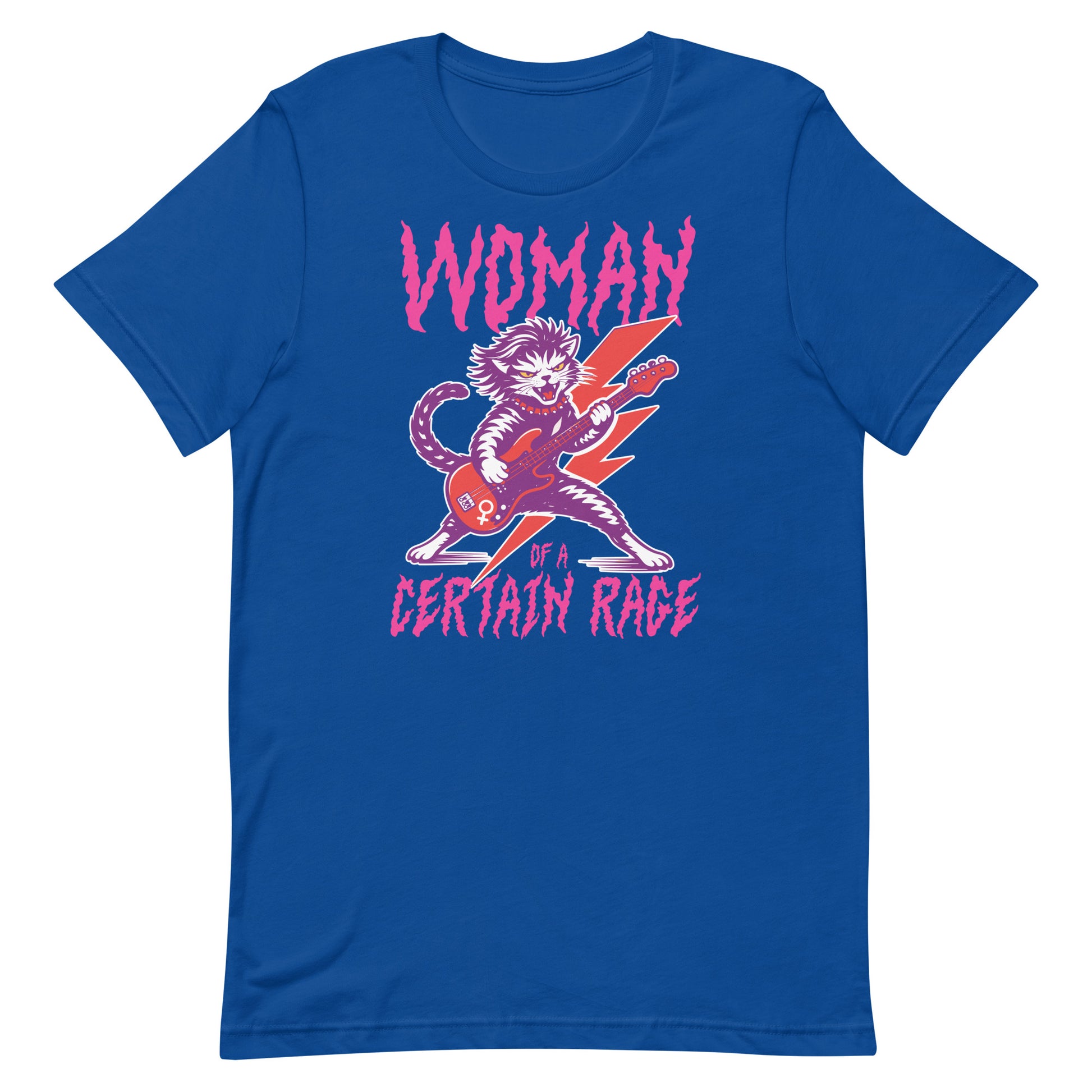Royal blue unisex t-shirt shown flat, displaying the punk rock cat guitar illustration and distressed text reading “WOMAN OF A CERTAIN RAGE,” high-contrast print.