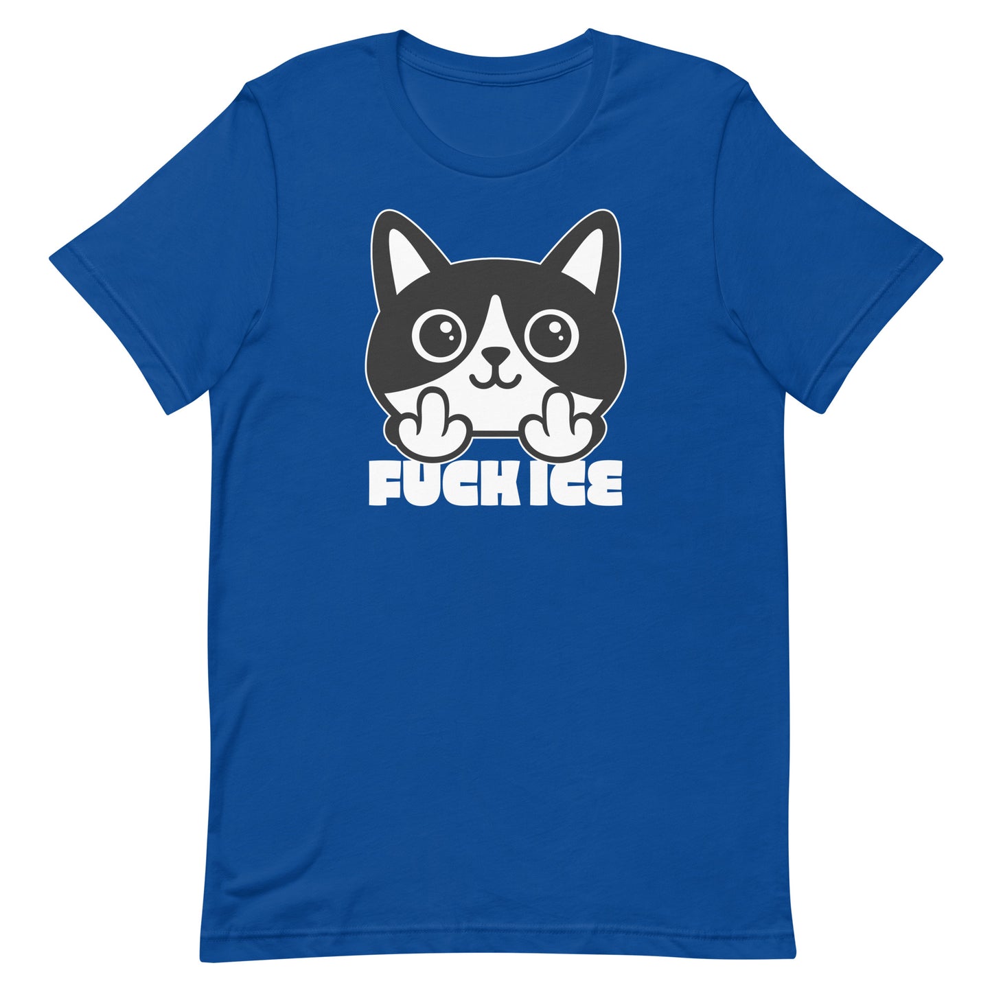 Royal blue t-shirt featuring bold graphic cat illustration with raised middle finger, thick white outlines, centered print, printed message “FUCK ICE,” blue garment color.
