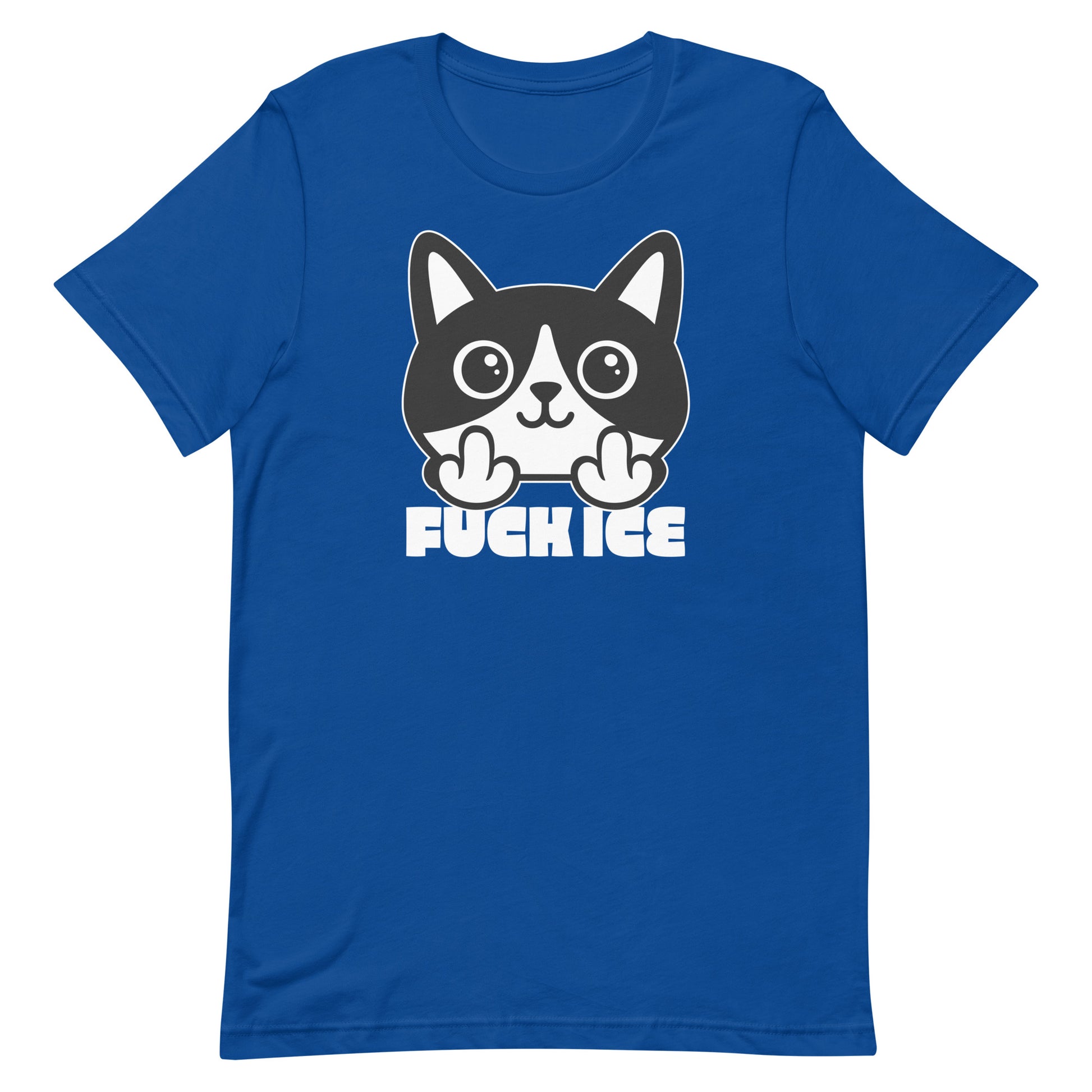Royal blue t-shirt featuring bold graphic cat illustration with raised middle finger, thick white outlines, centered print, printed message “FUCK ICE,” blue garment color.