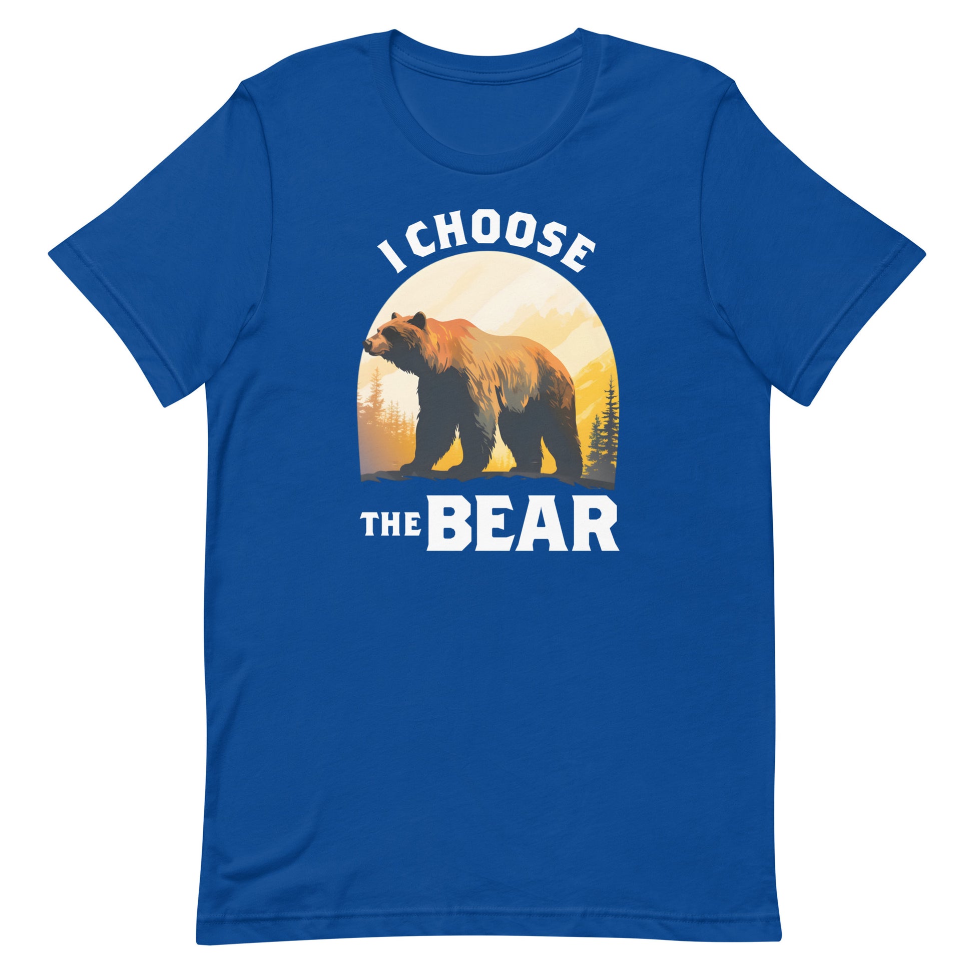 Royal blue unisex t-shirt featuring sunset bear illustration and phrase “I Choose The Bear,” progressive women empowerment clothing.