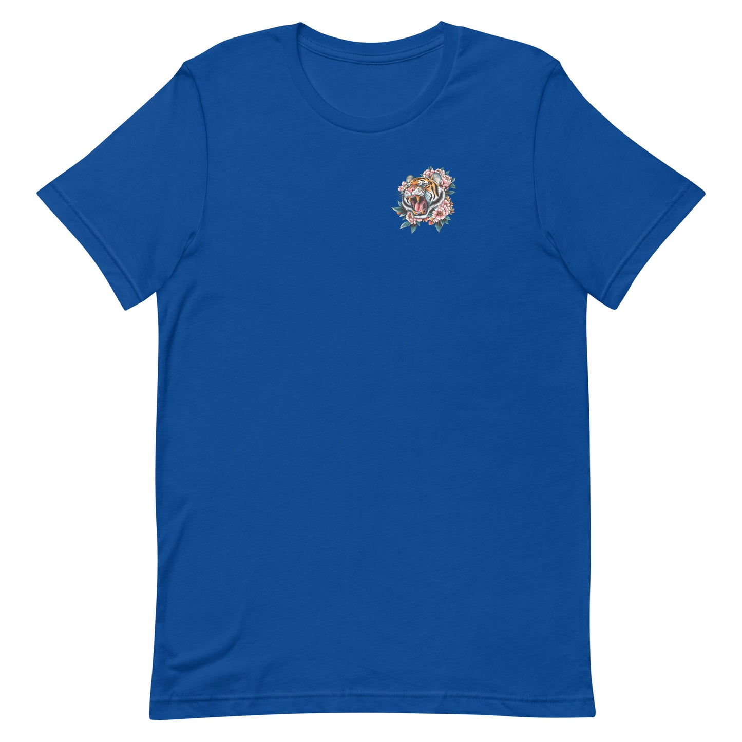 Royal blue unisex t-shirt featuring small tiger emblem on chest, minimalist feminist artwork complementing “Women Don’t Owe You Sh*t” activist apparel.