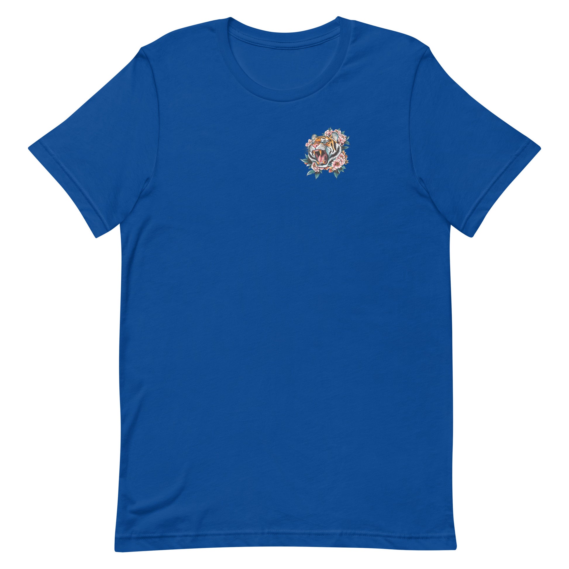 Royal blue unisex t-shirt featuring small tiger emblem on chest, minimalist feminist artwork complementing “Women Don’t Owe You Sh*t” activist apparel.