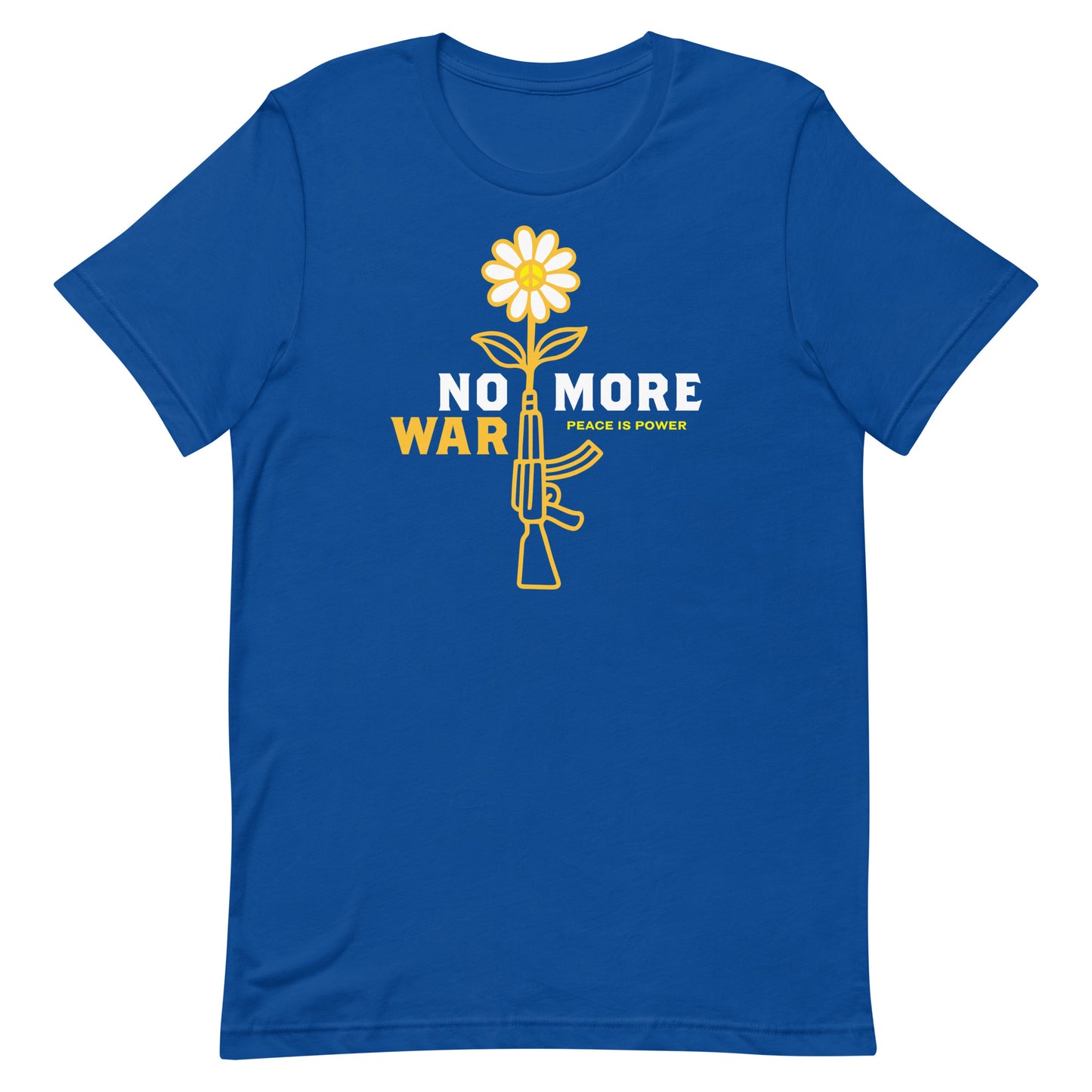 Royal blue unisex tee with centered daisy rifle graphic and concise anti-war message across chest.