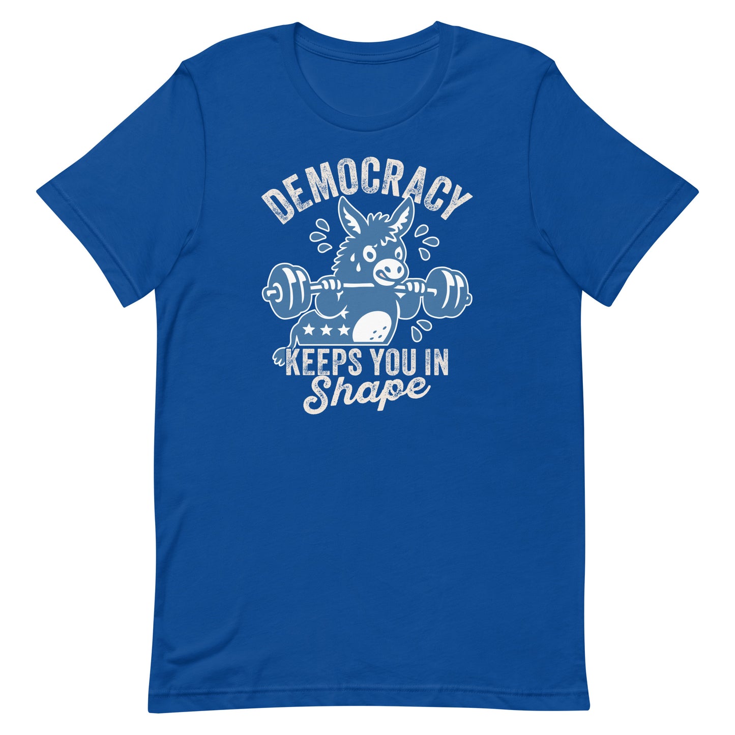 Royal blue unisex T-shirt showing a barbell-lifting donkey beneath democracy text, civic humor artwork with strong athletic parody styling.