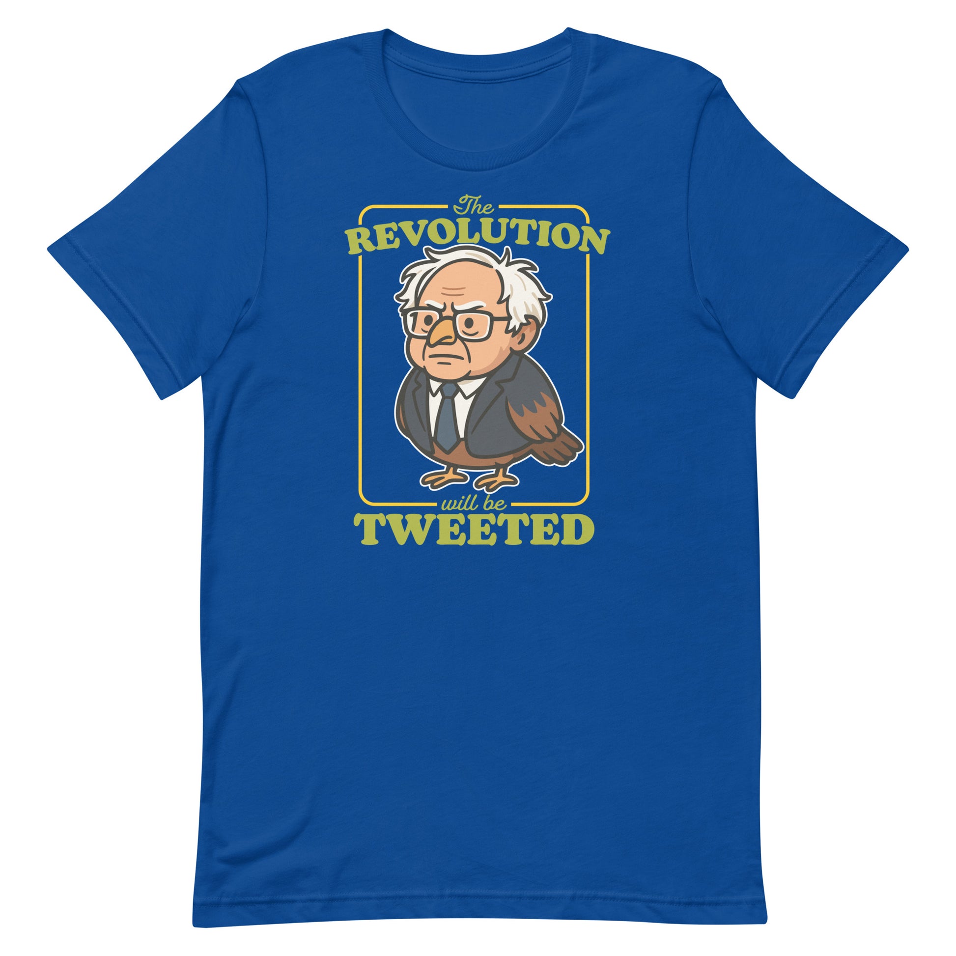 Blue Wave USA royal blue unisex T-shirt displaying Birdie Sanders portrait and tweeted revolution slogan in bold activist apparel styling.
