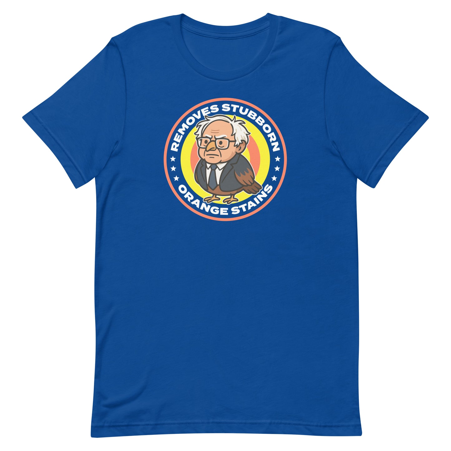 Royal blue unisex T-shirt featuring parody cleaning badge with Birdie Sanders portrait and orange stains slogan in satirical design.