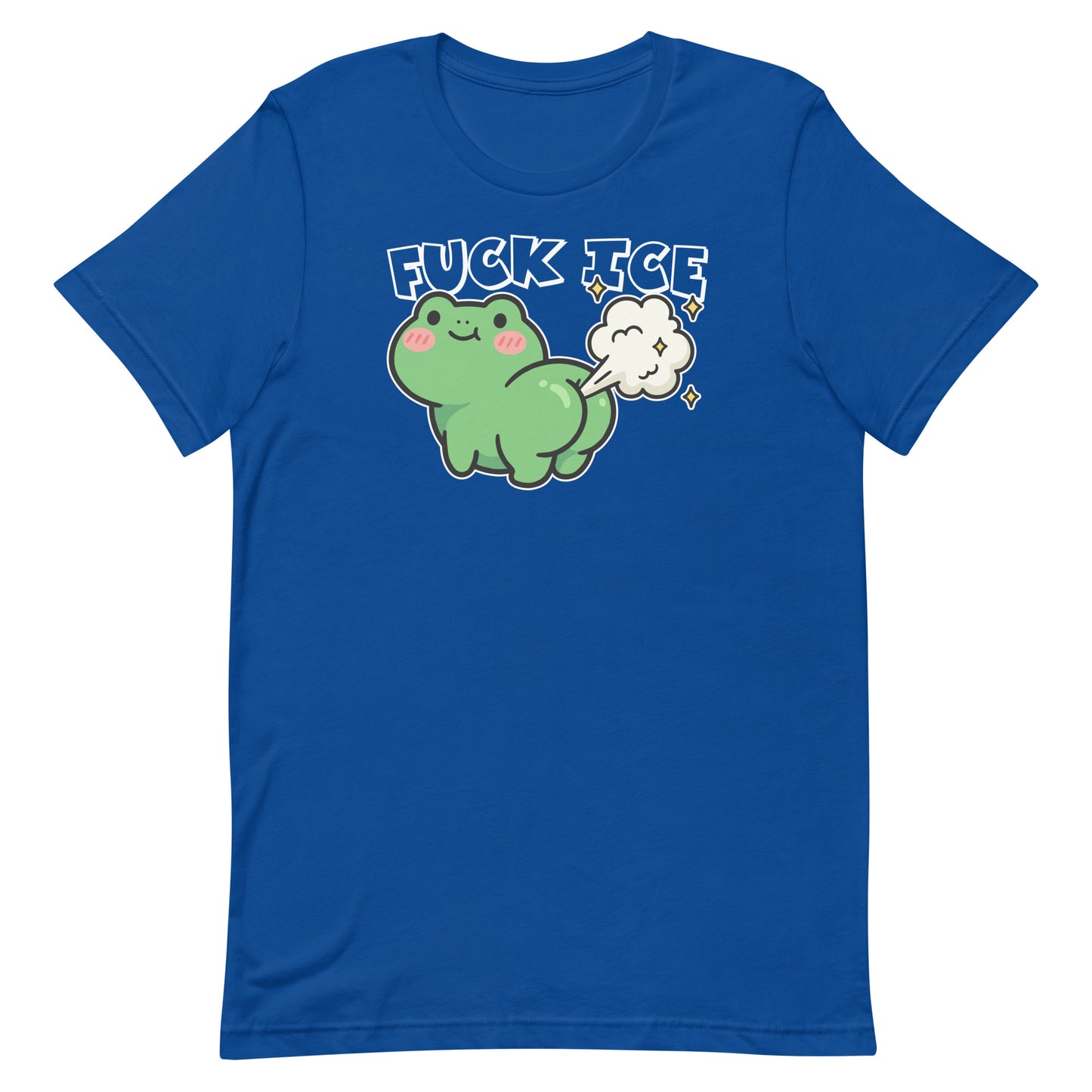 Blue Wave USA royal blue unisex T-shirt featuring farting frog graphic with “Fuck ICE” wording in playful protest apparel style.